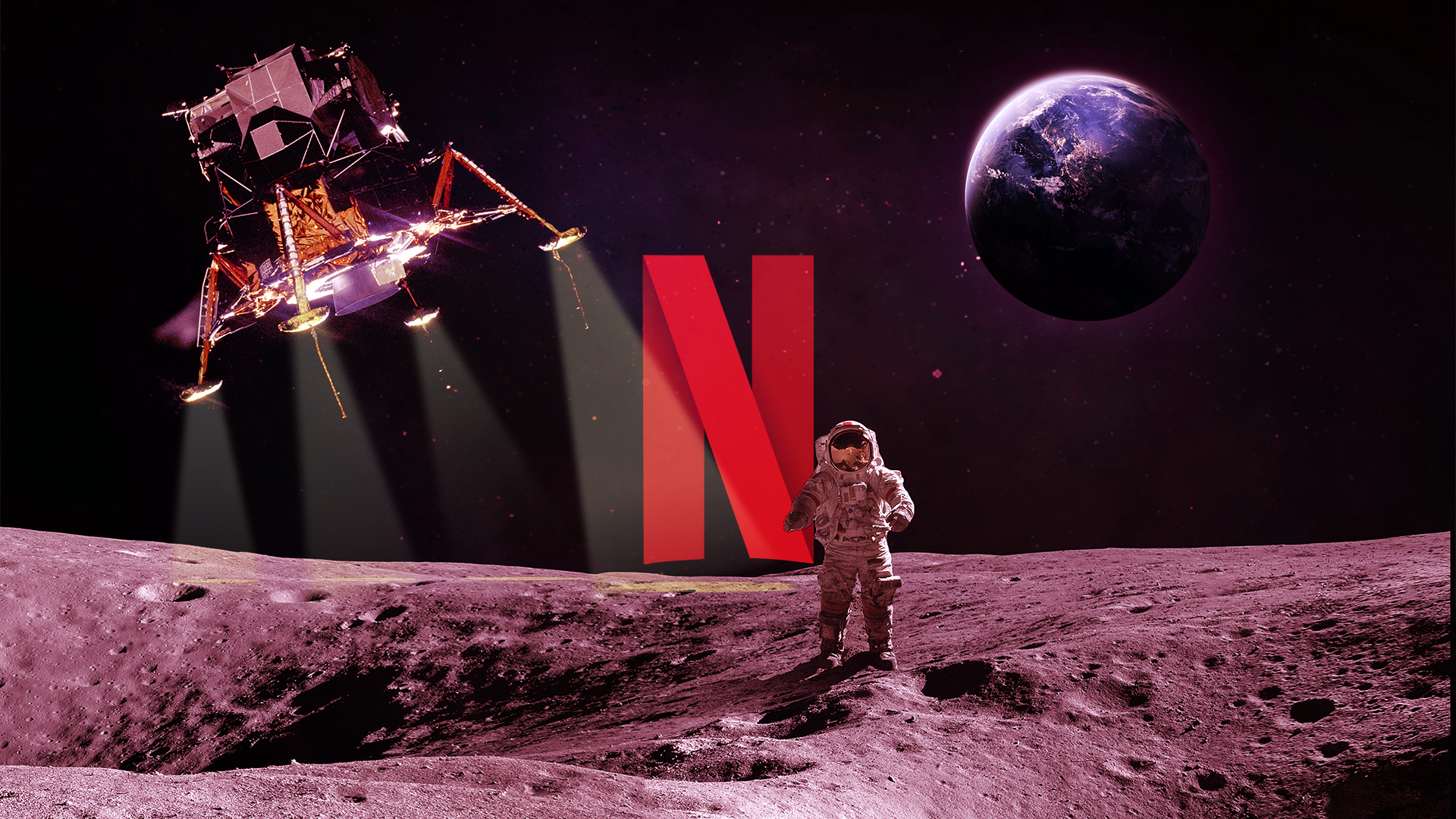 An astronaut on the Moon's surface with the Netflix logo at the center.