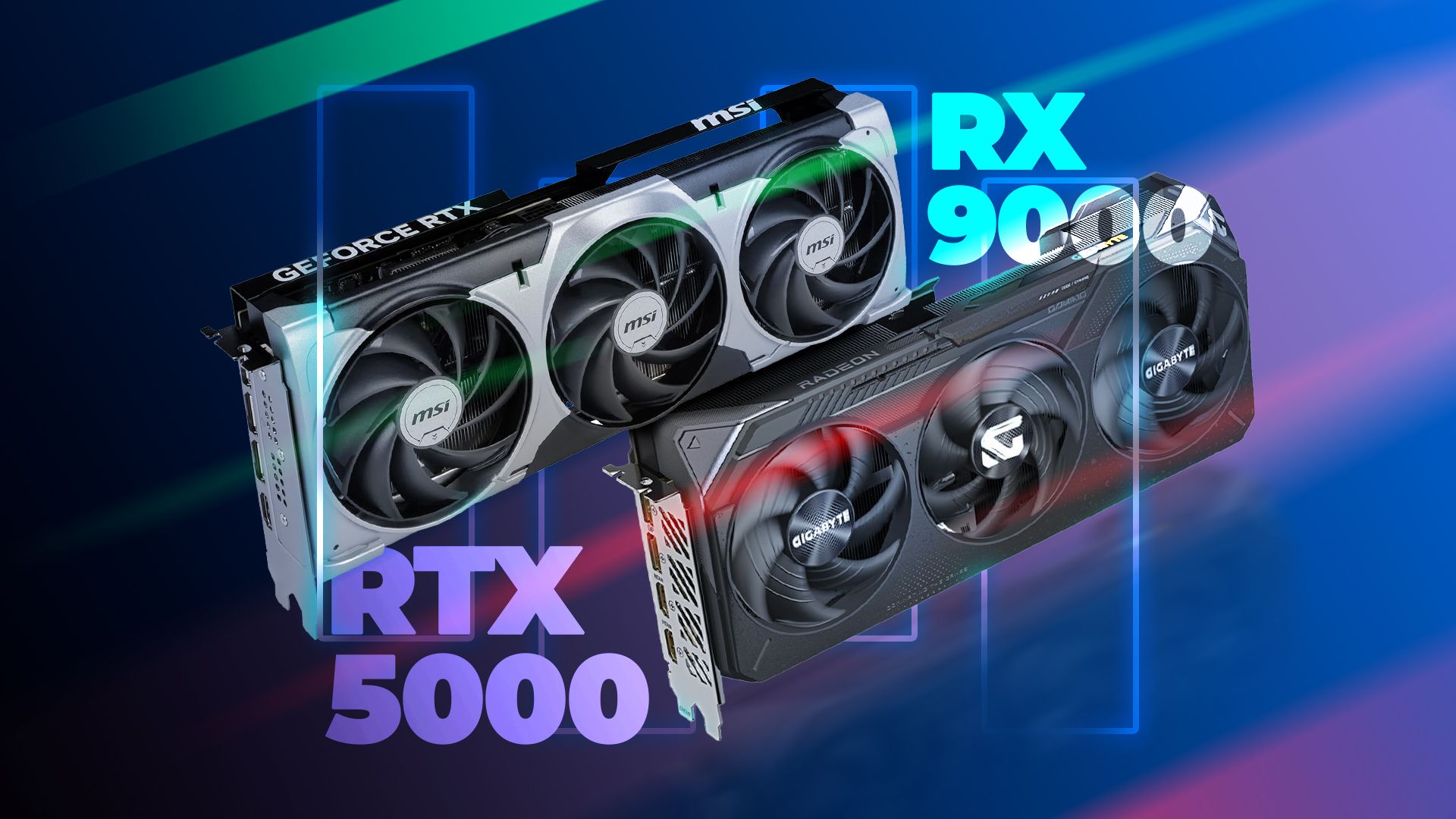 An RTX 5070 next to an RX 9070.