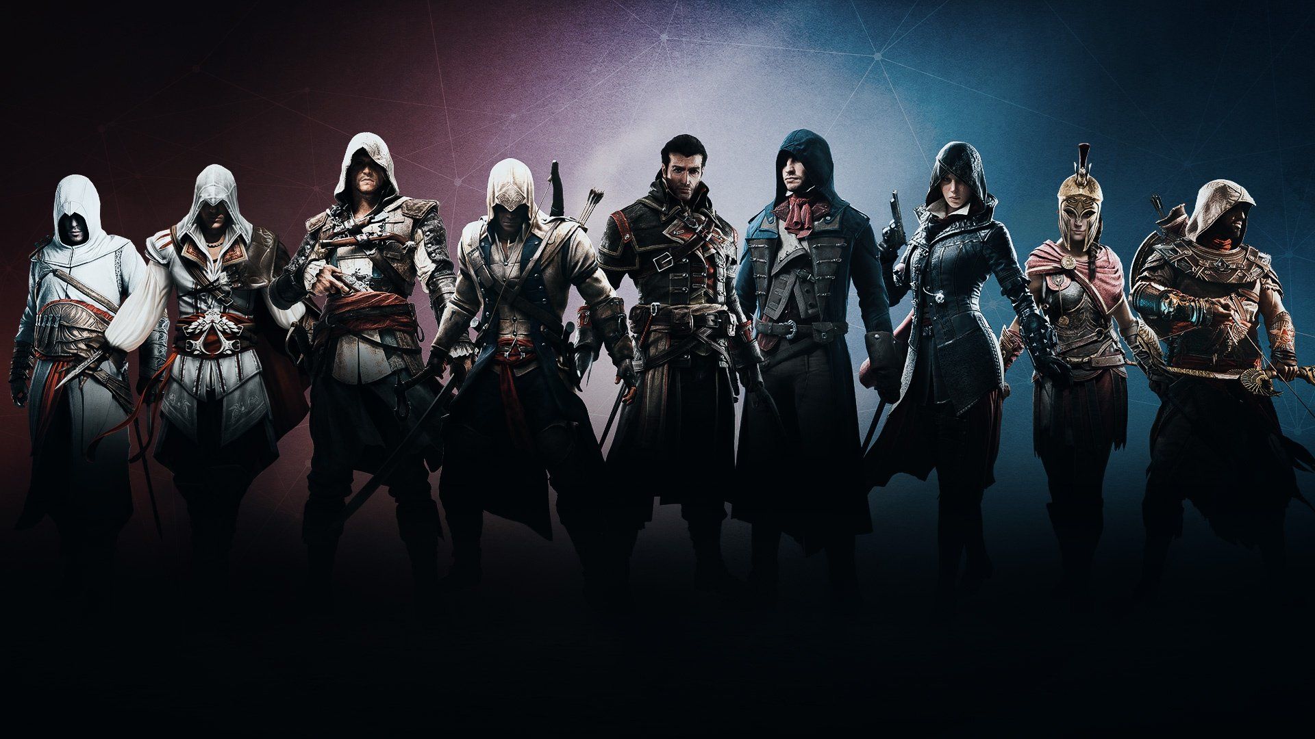 An Assassin's Creed image showing games' main protagonists. 
