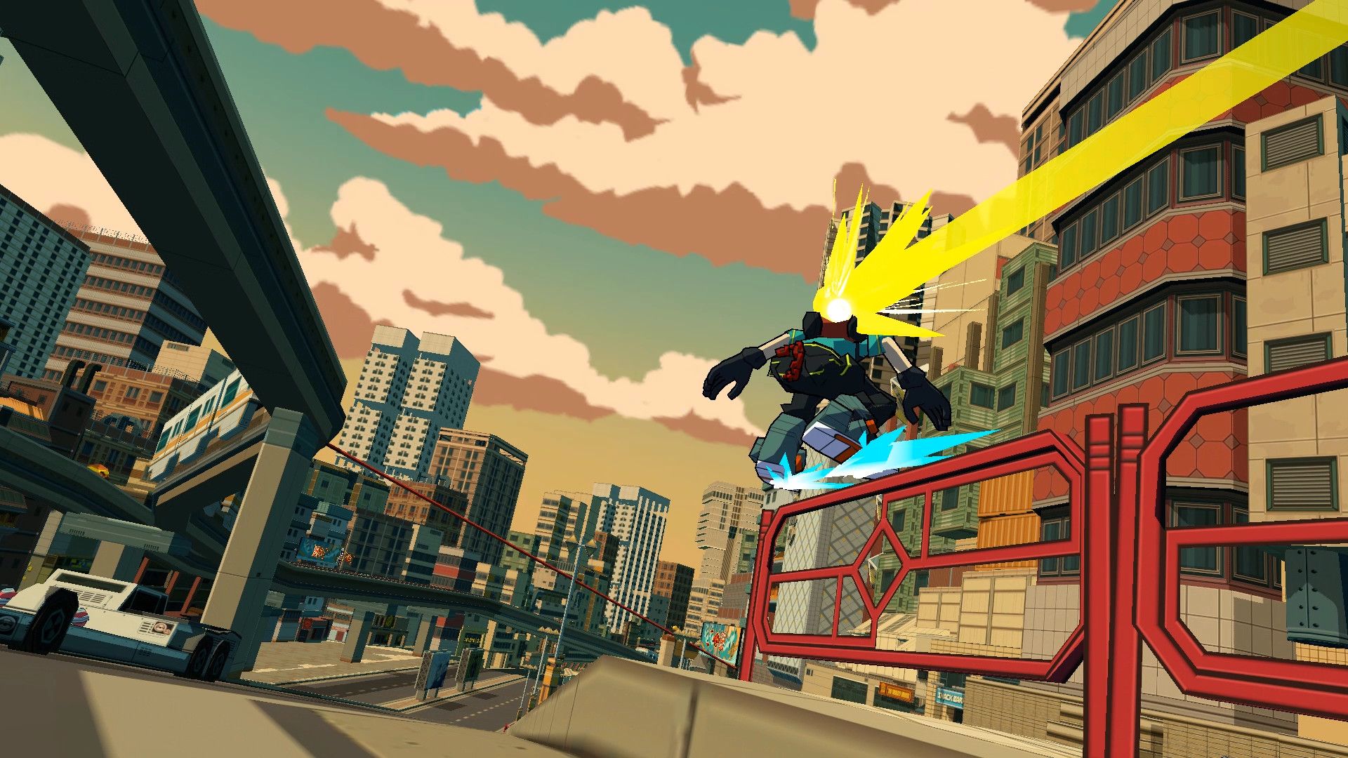 Red grinding on a rail in Bomb Rush Cyberfunk.