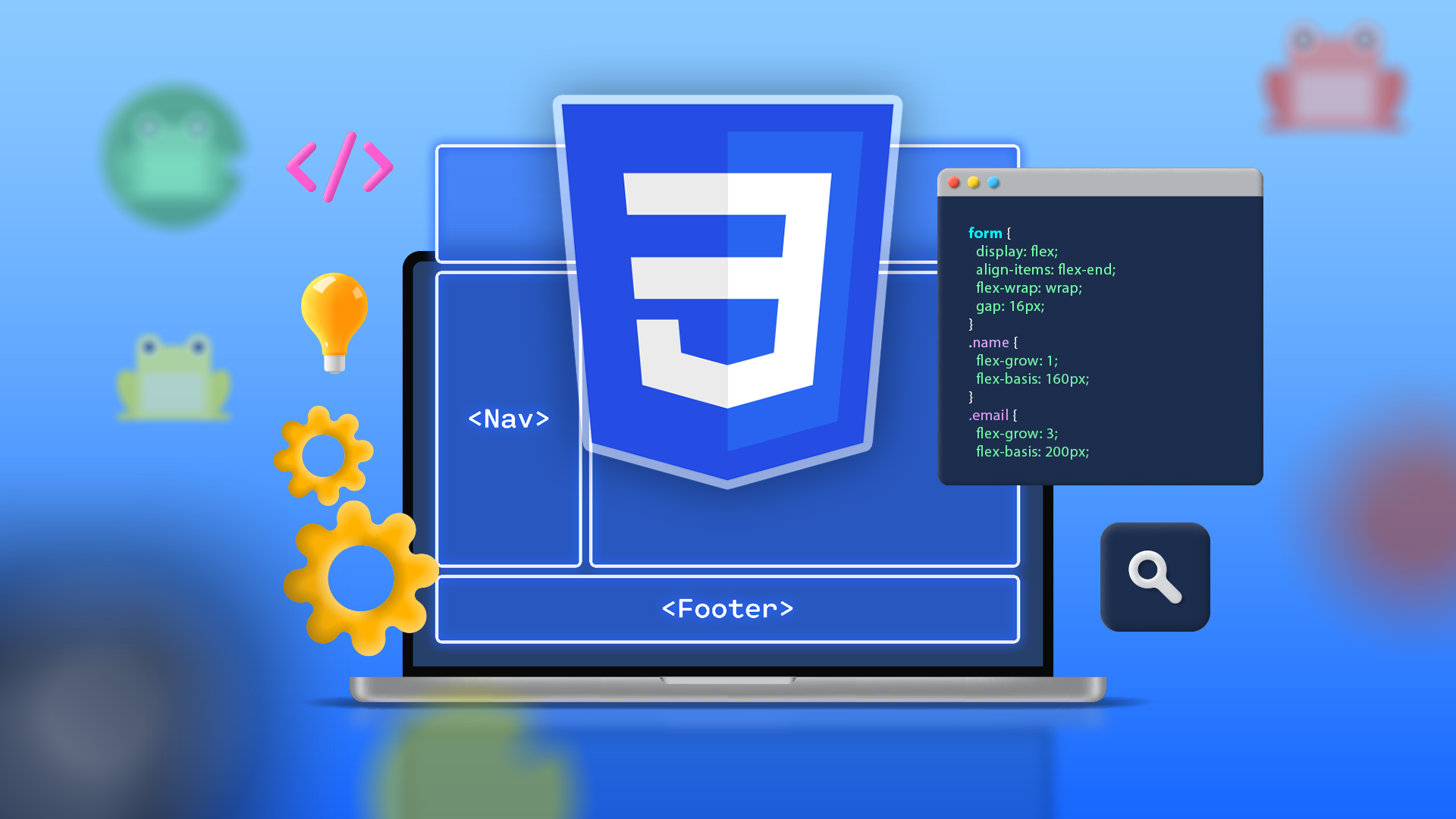 Illustration of a laptop with the CSS logo, a grid in the behind, and some icons around it.