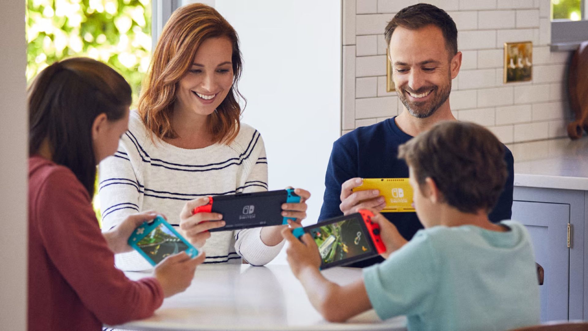 A family playing on their Nintendo Switch consoles together.