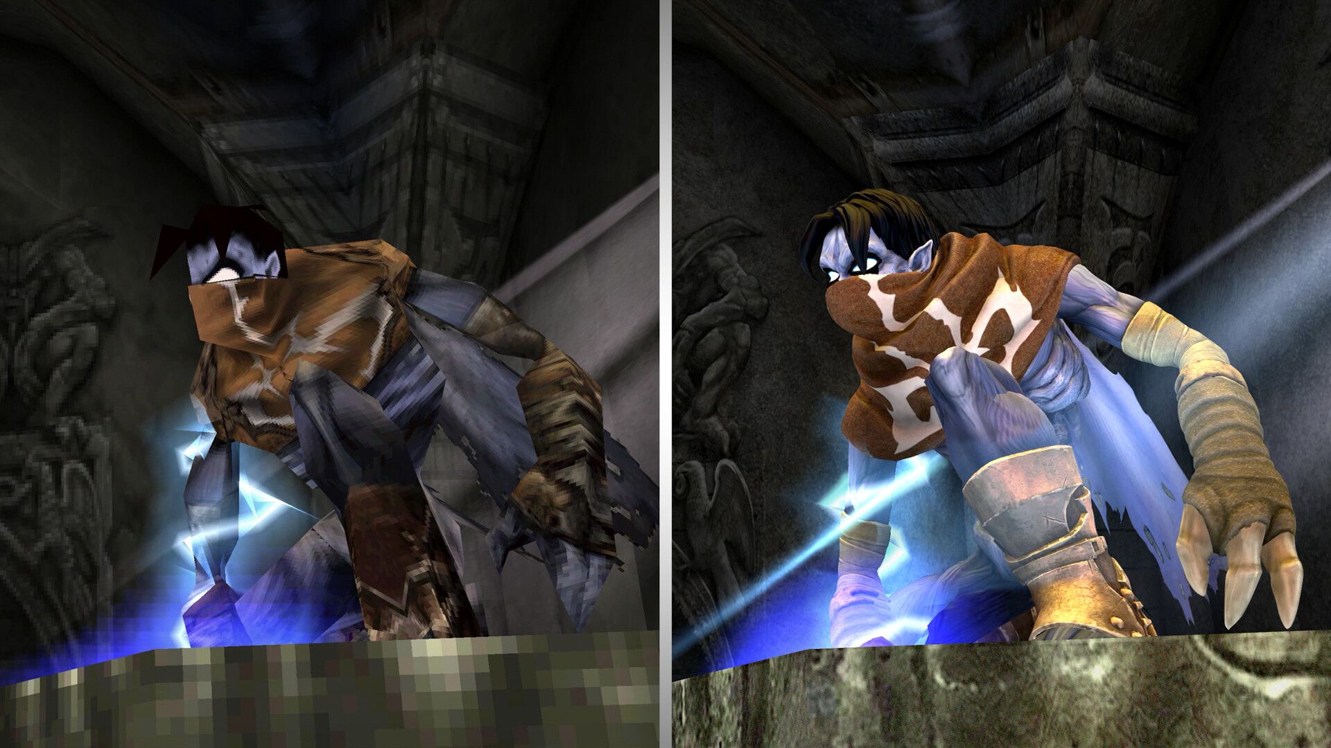 A graphics comparison showing the PS1 and Remastered versions of The Legacy of Kain: Soul Reaver.