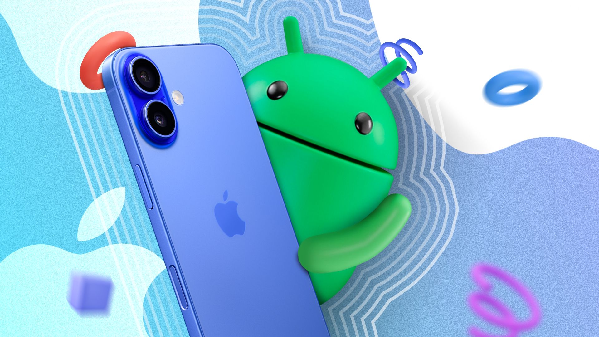 The Android mascot holding an iPhone 16.