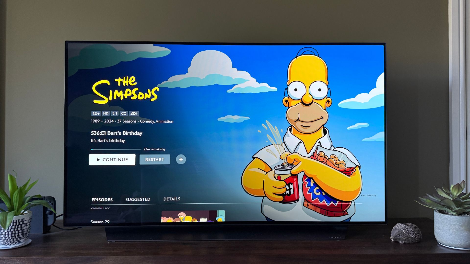 The Simpsons on Disney+ on a 4K TV in a green living room.