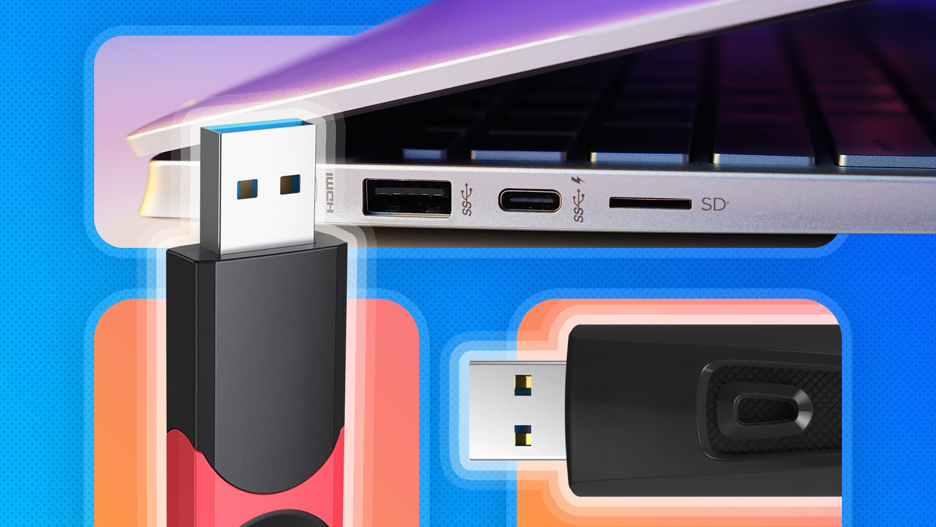 USB ports of a laptop and two USB drives.