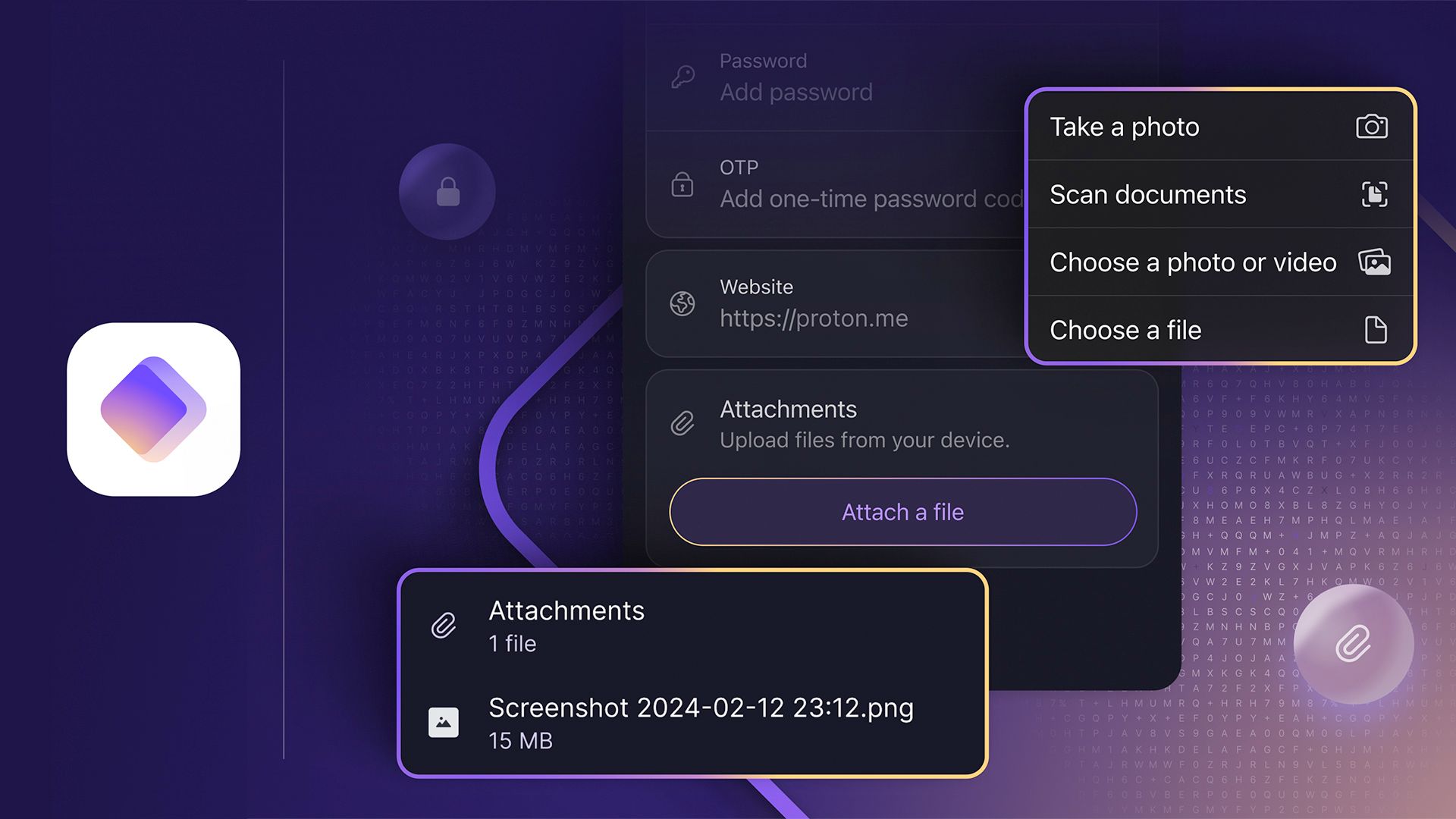 Illustration of file attachments in Proton Pass.