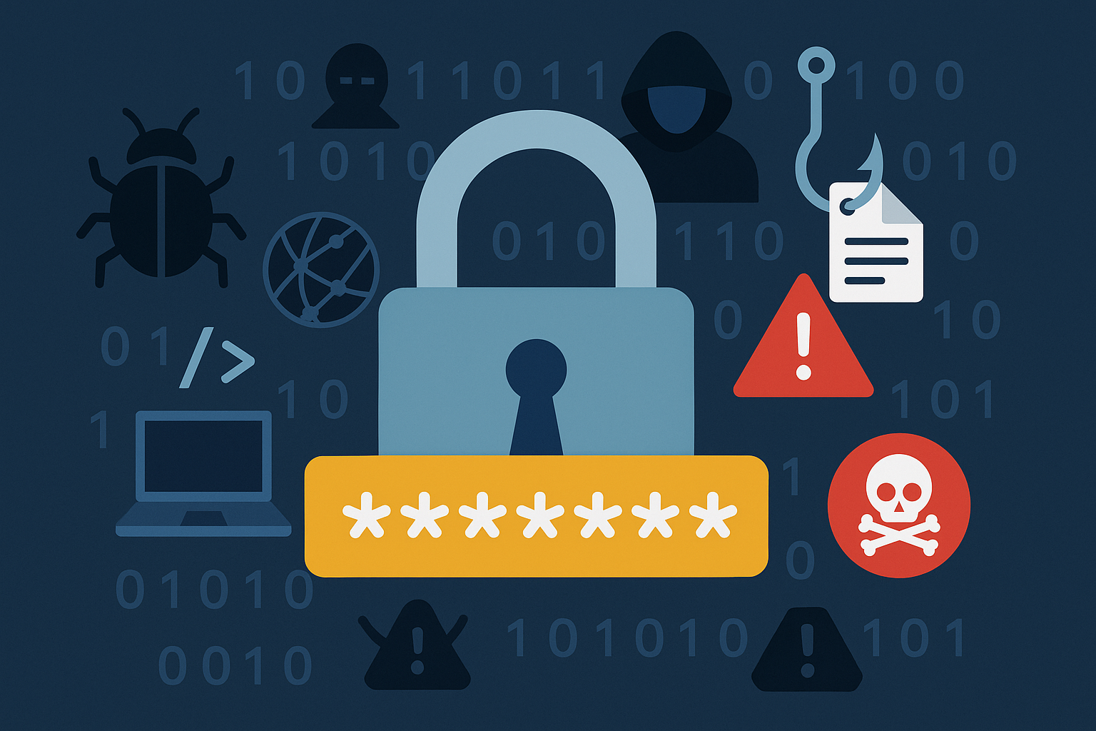 Padlock surrounded by cyber threat icons and binary code.