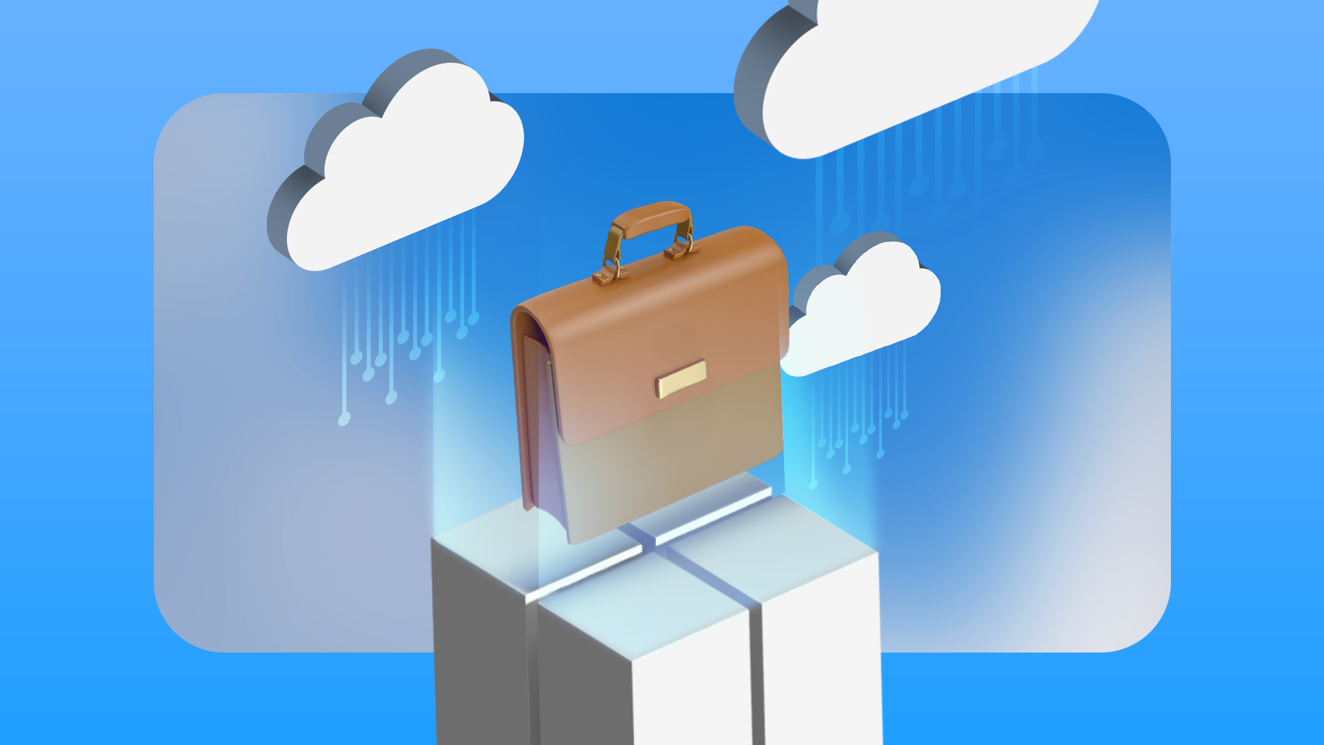 A briefcase above the Windows logo with some clouds around it.