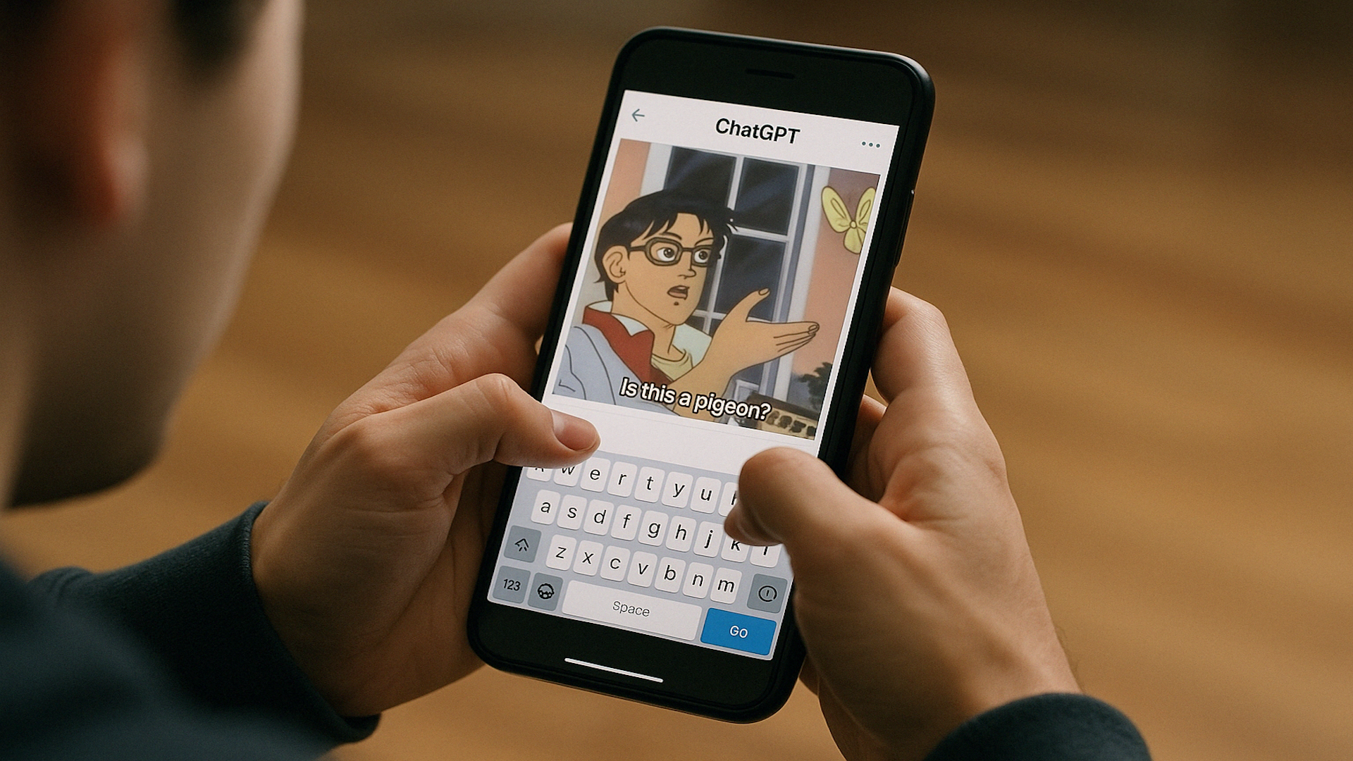 A ChatGPT generated image of a man creating Studio Ghibli images on his phone using ChatGPT.