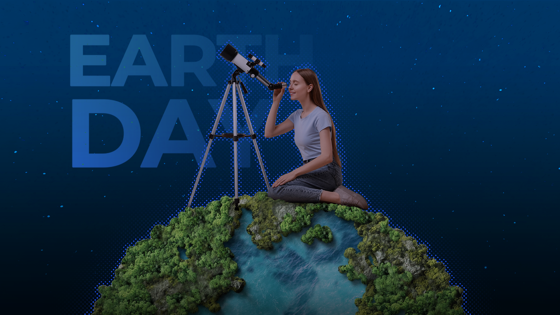 A collage of a woman standing on Earth, stargazing through a telescope with a starry background.