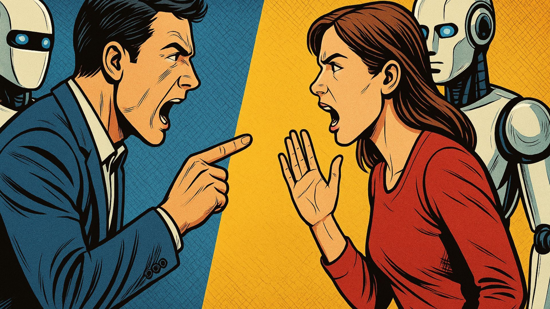 A comic book style illustration of a man and woman arguing with robots standing behind them.