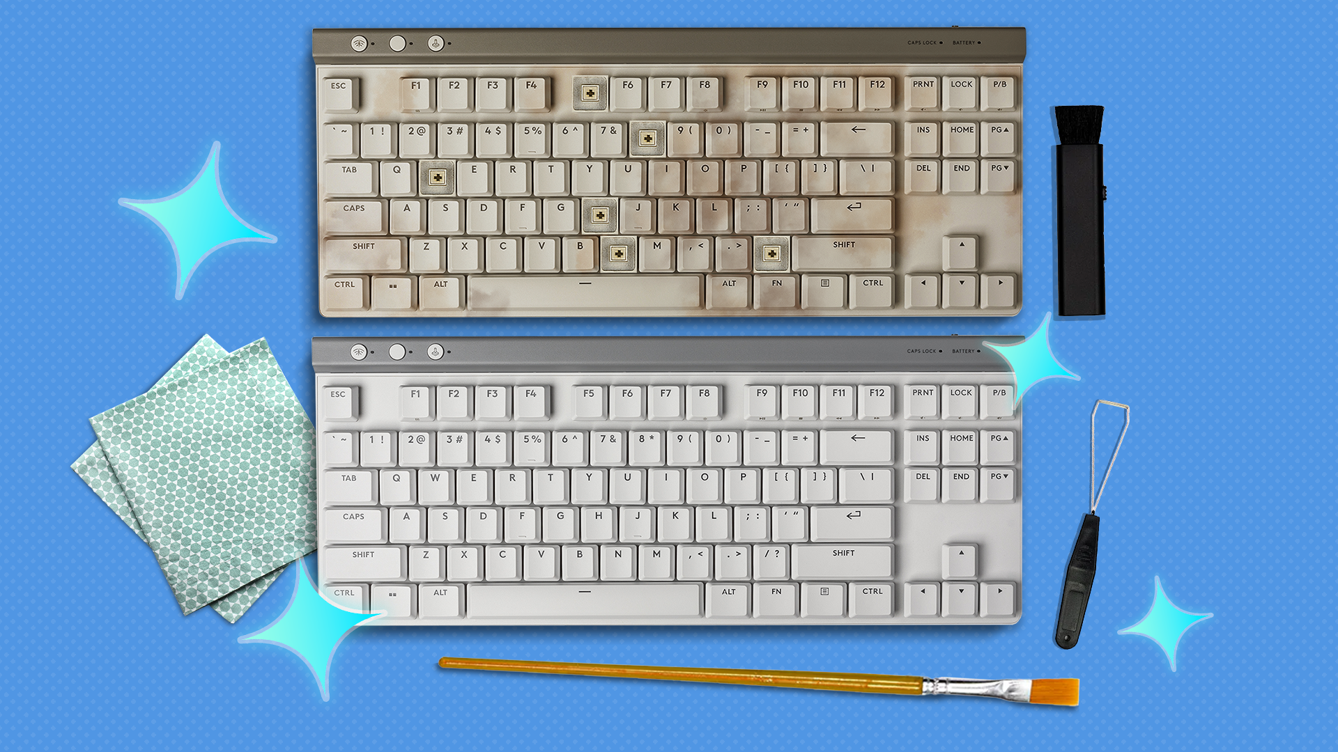 A dirty keyboard and a clean one with some tools beside them.