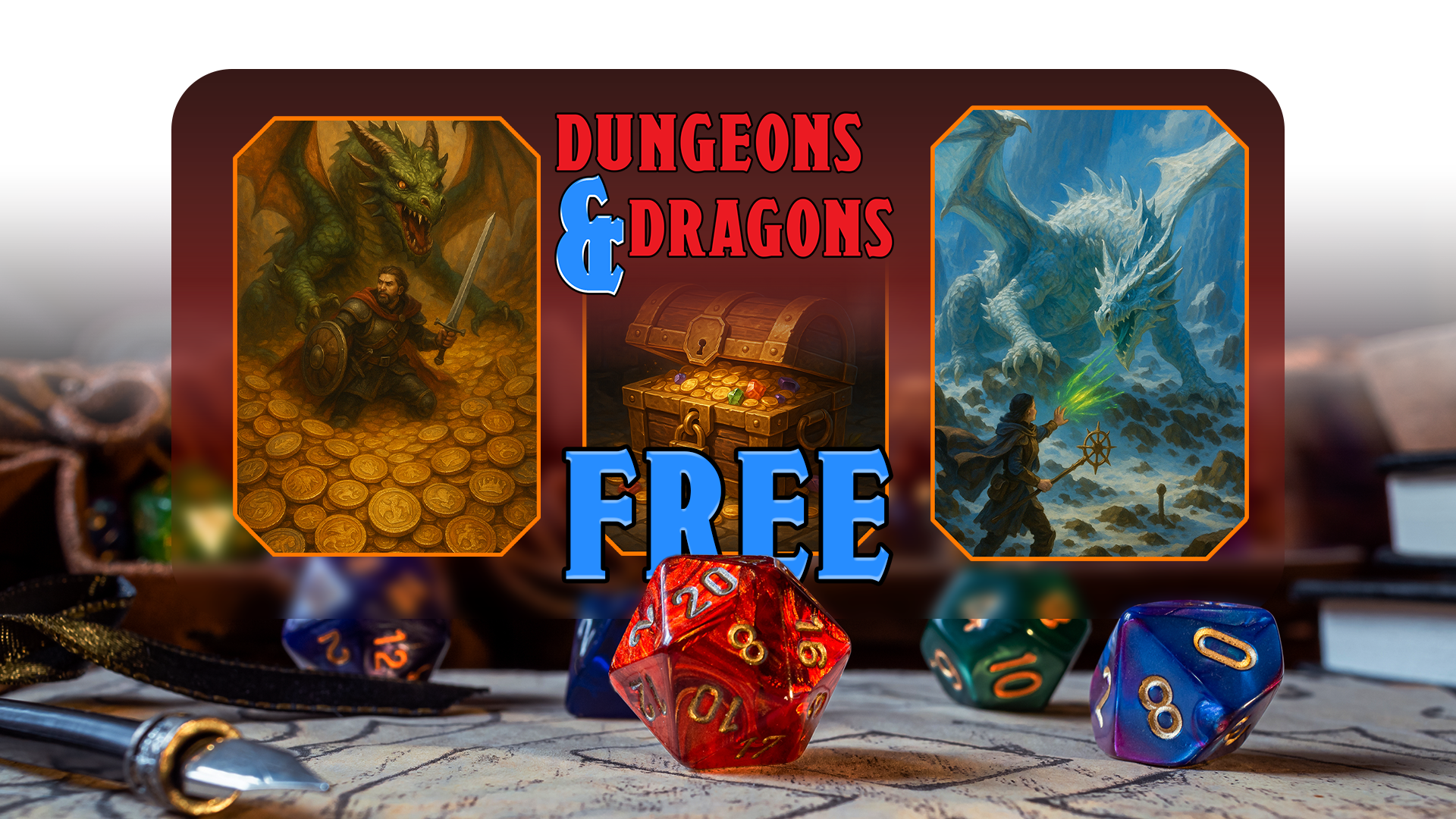 A Dungeons and Dragons board with some concept art and a chest in the center labeled 'free'.