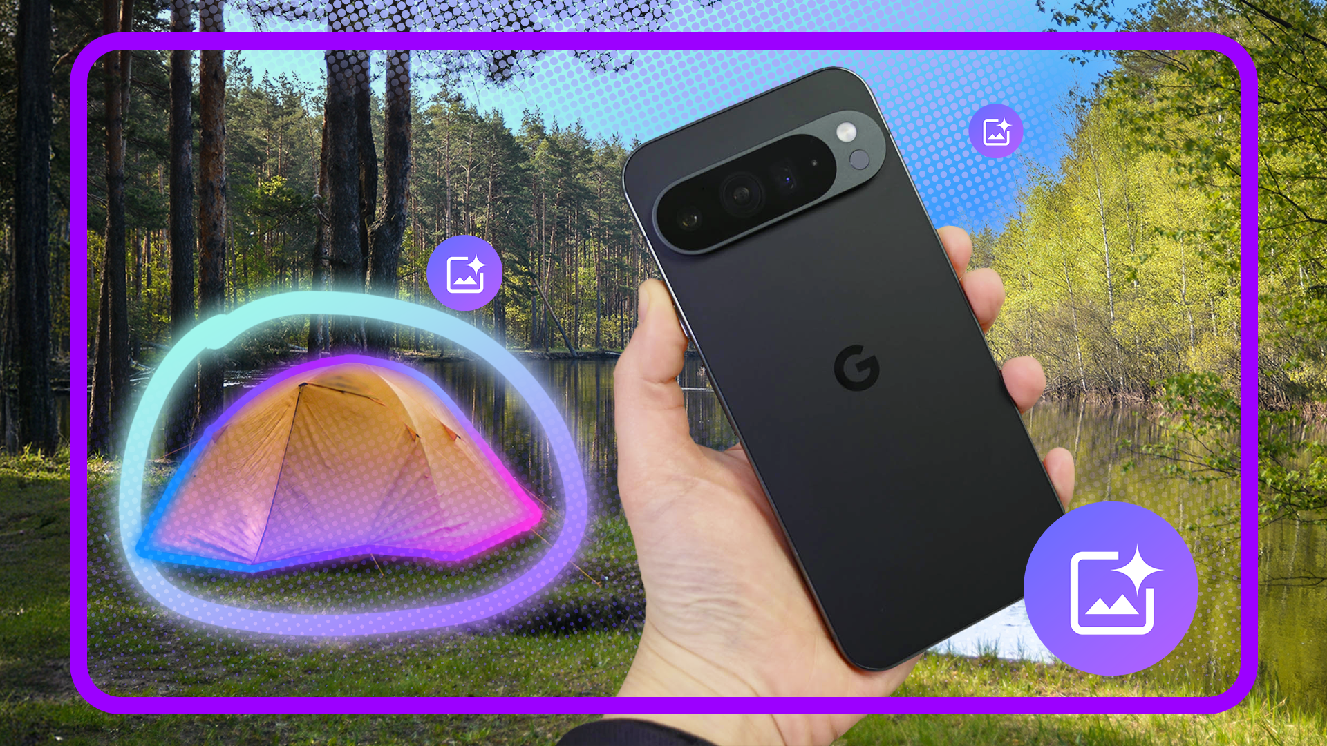 A hand holding a Pixel 9 with a yellow tent in the background selected using Magic Touch.