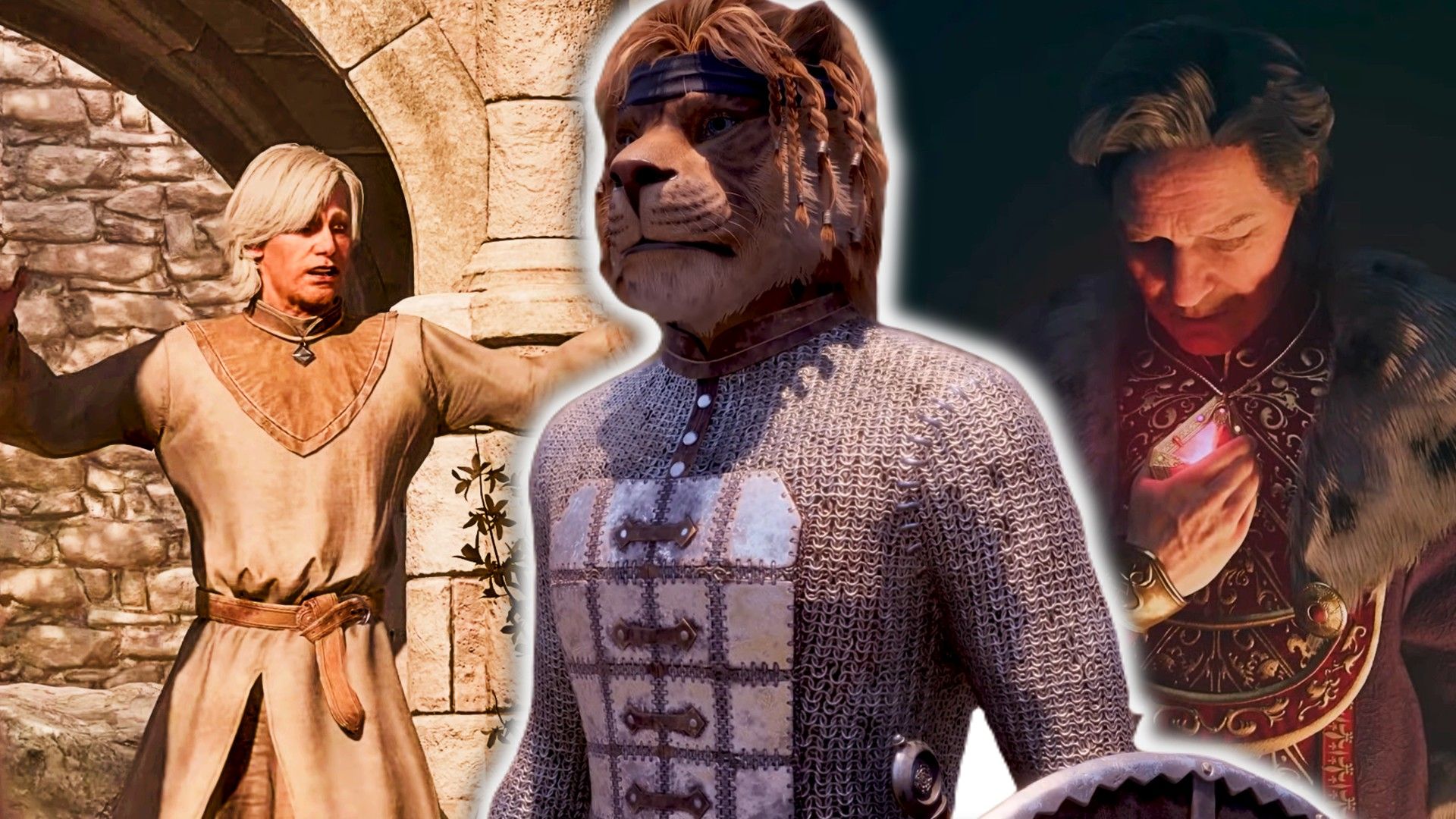 A Kajhit standing in front of Emperor Uriel Septim VII on the right of a priest from The Elder Scrolls IV Oblivion Remastered.