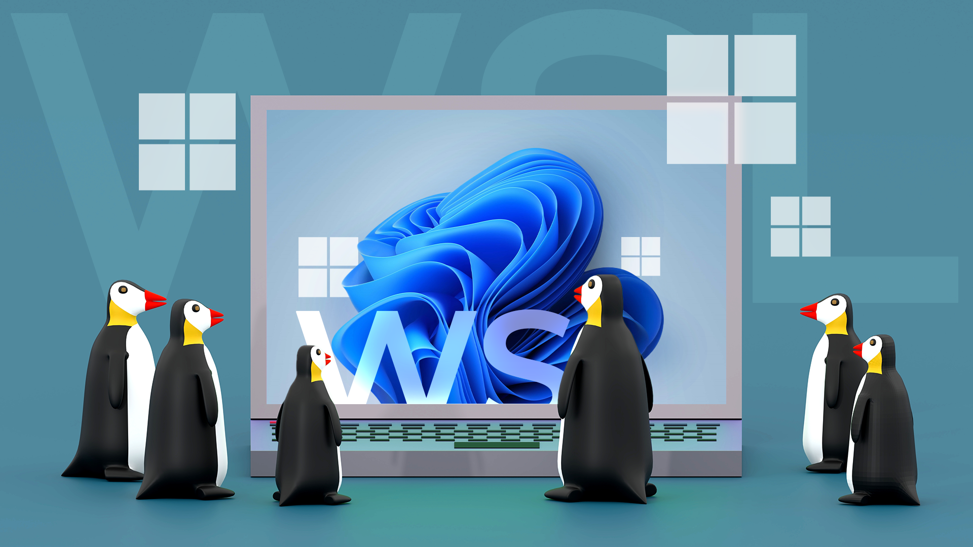 A laptop running Windows 11 with several penguins looking at the screen.