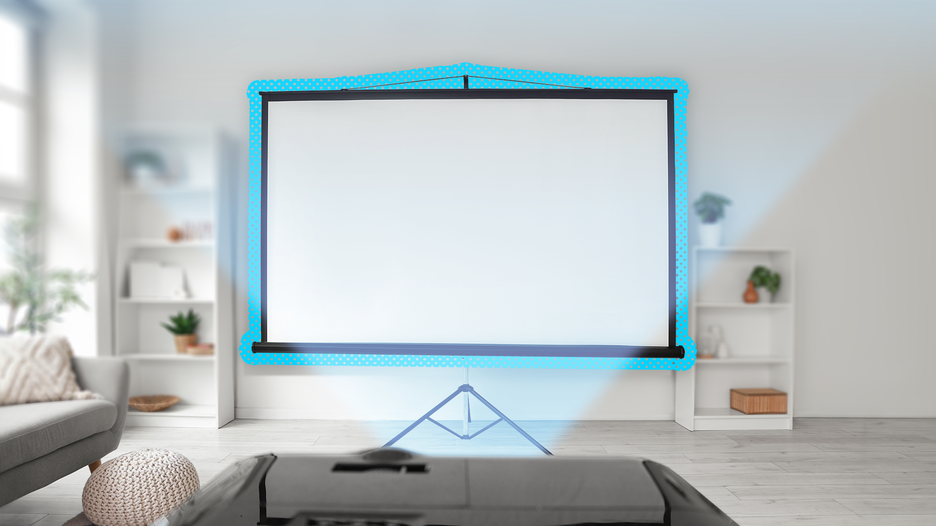A living room with a projector pointed at a screen.