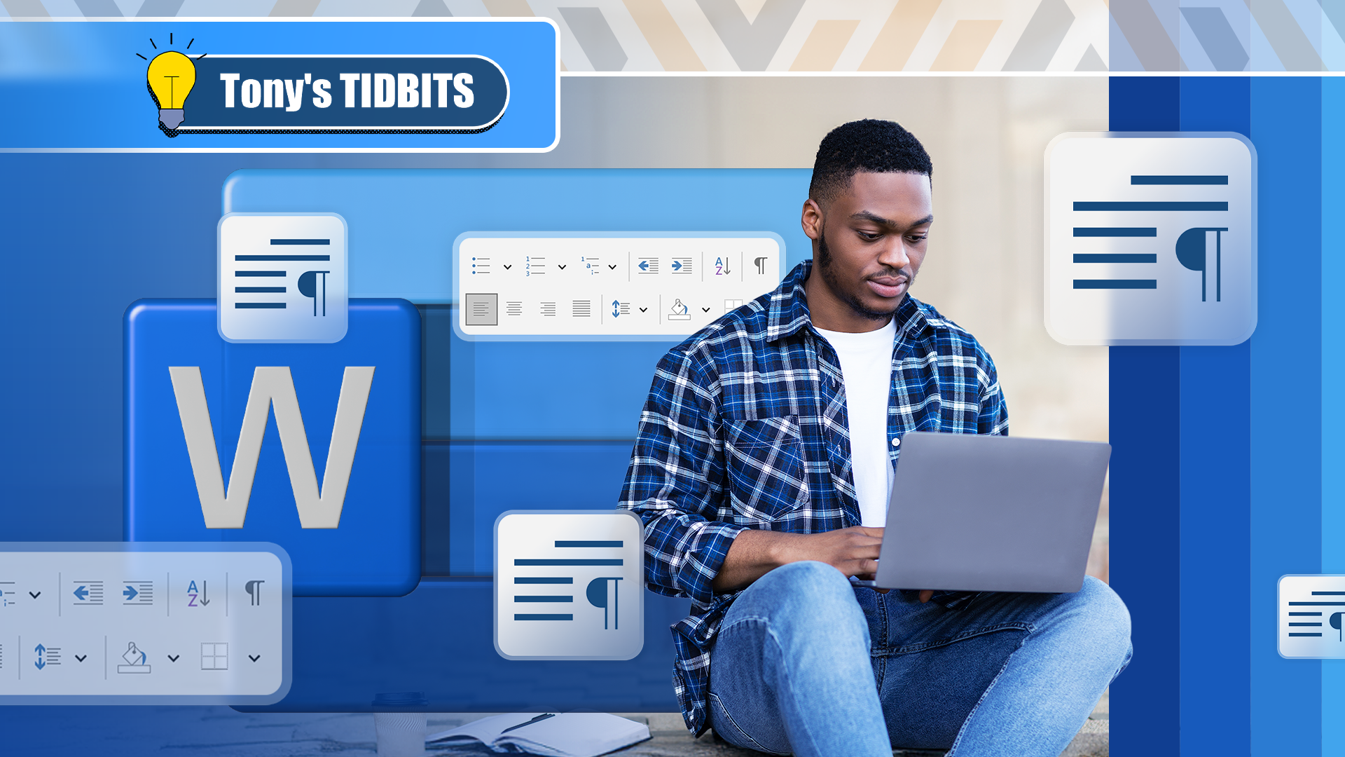 A man using a laptop, the Word logo beside him, and paragraph icons around.