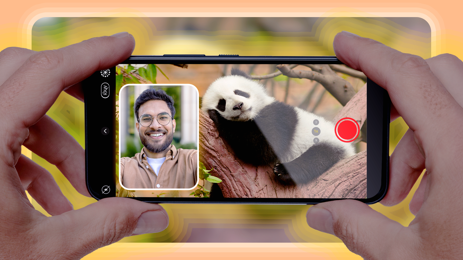 A person taking a photo of a panda at the zoo while the front camera captures their reaction.