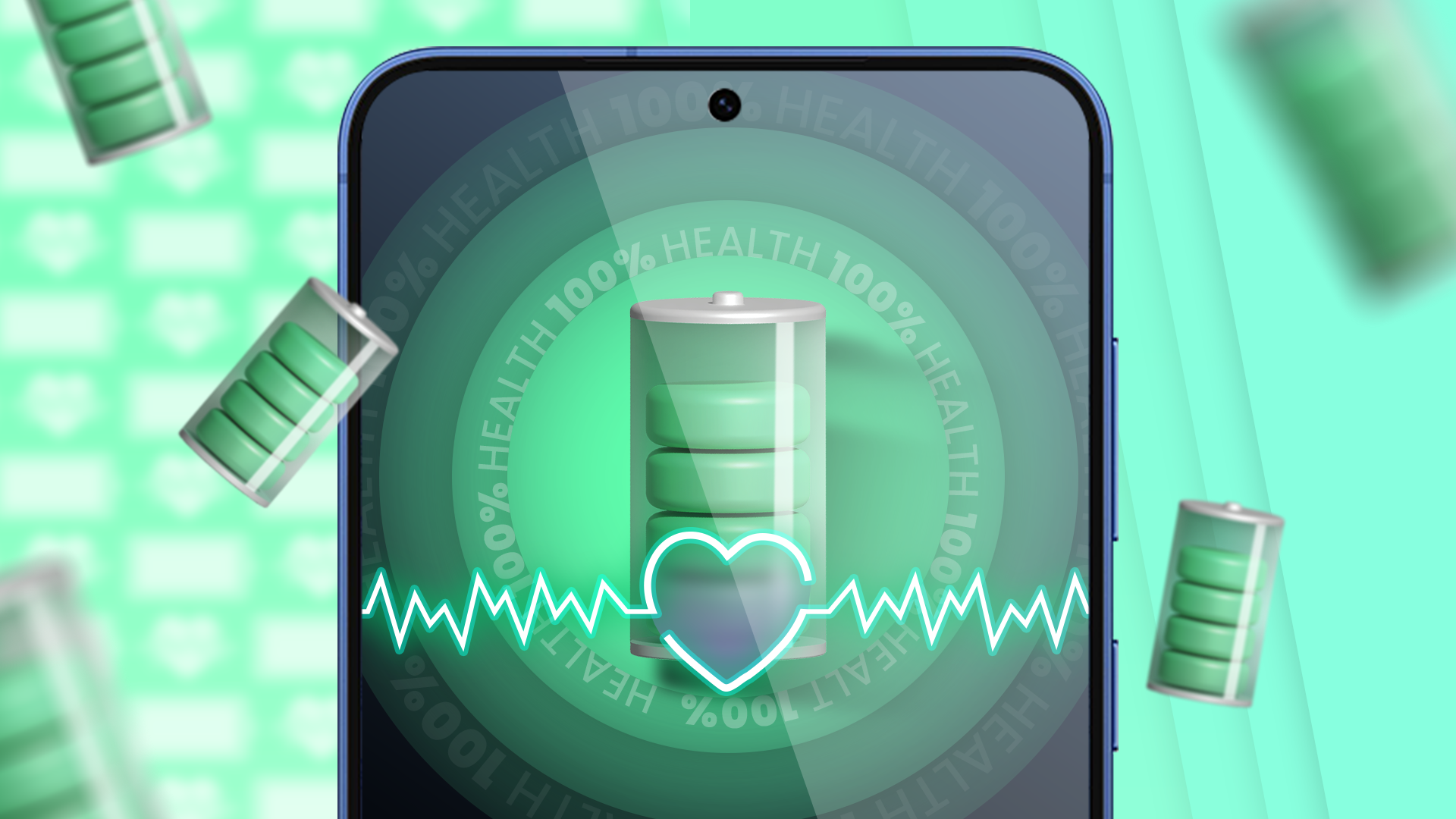 A phone screen showing a battery at 100% health.