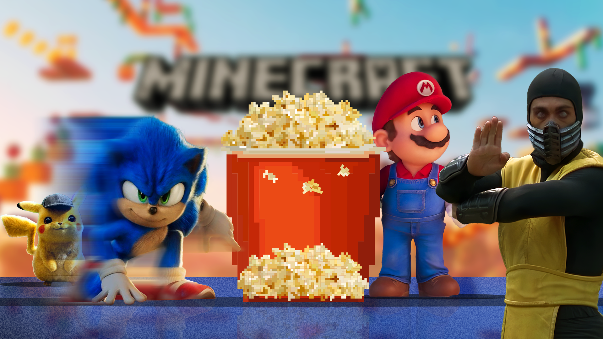 A pixelated popcorn bucket surrounded by video game movie characters.