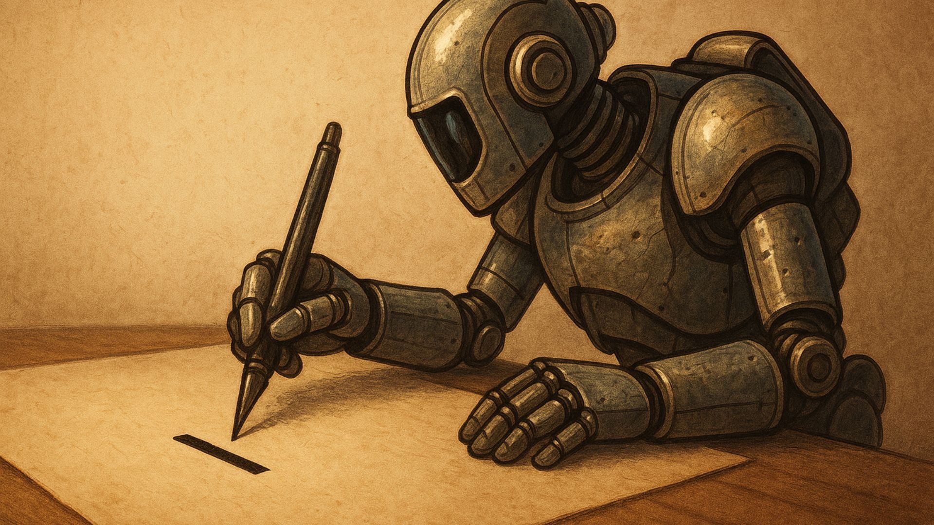 A robot writes an em dash on a piece of parchment.