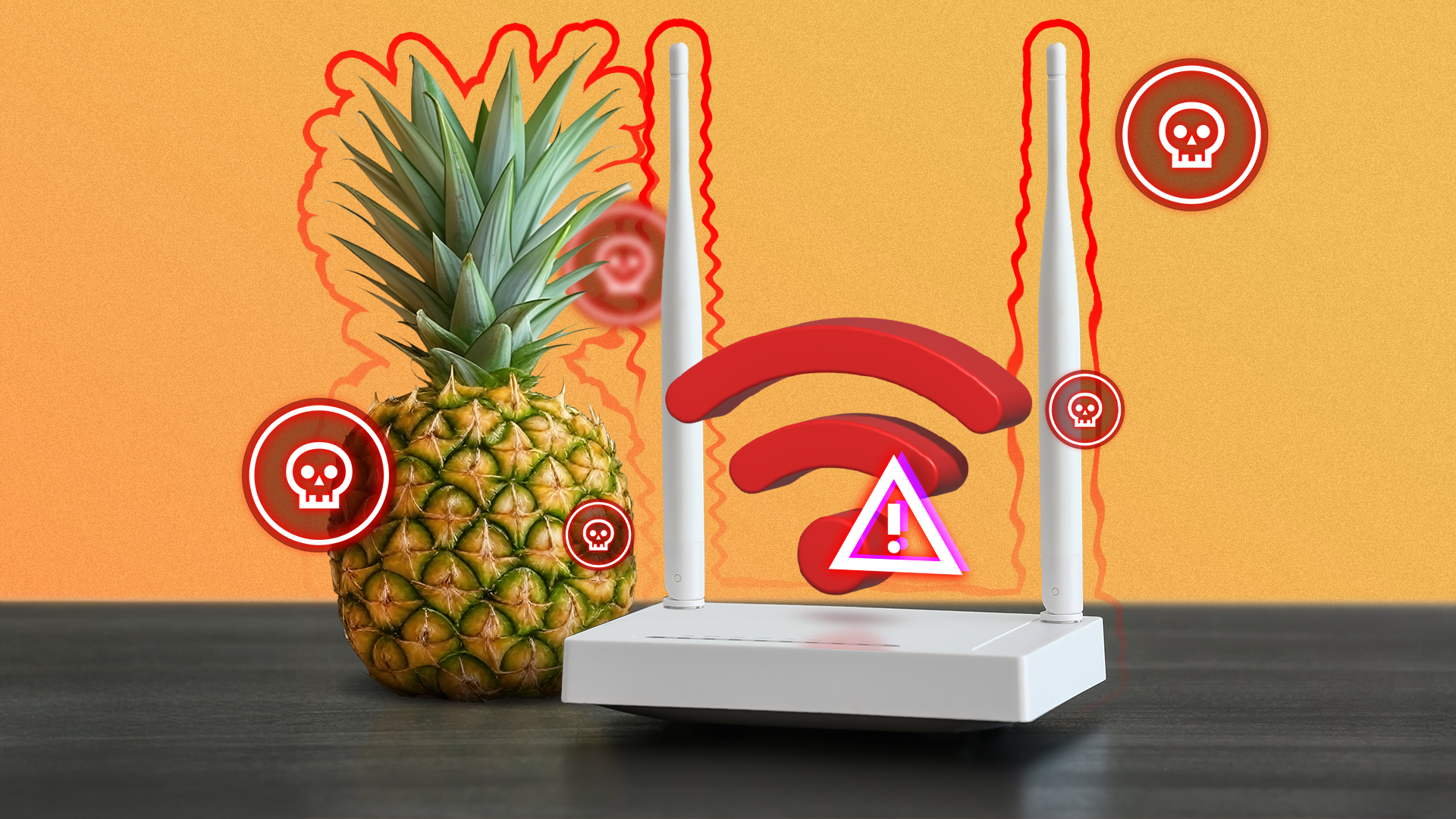 A router on a wooden table with a Wi-Fi icon, a pineapple next to it, and several skull icons around it.