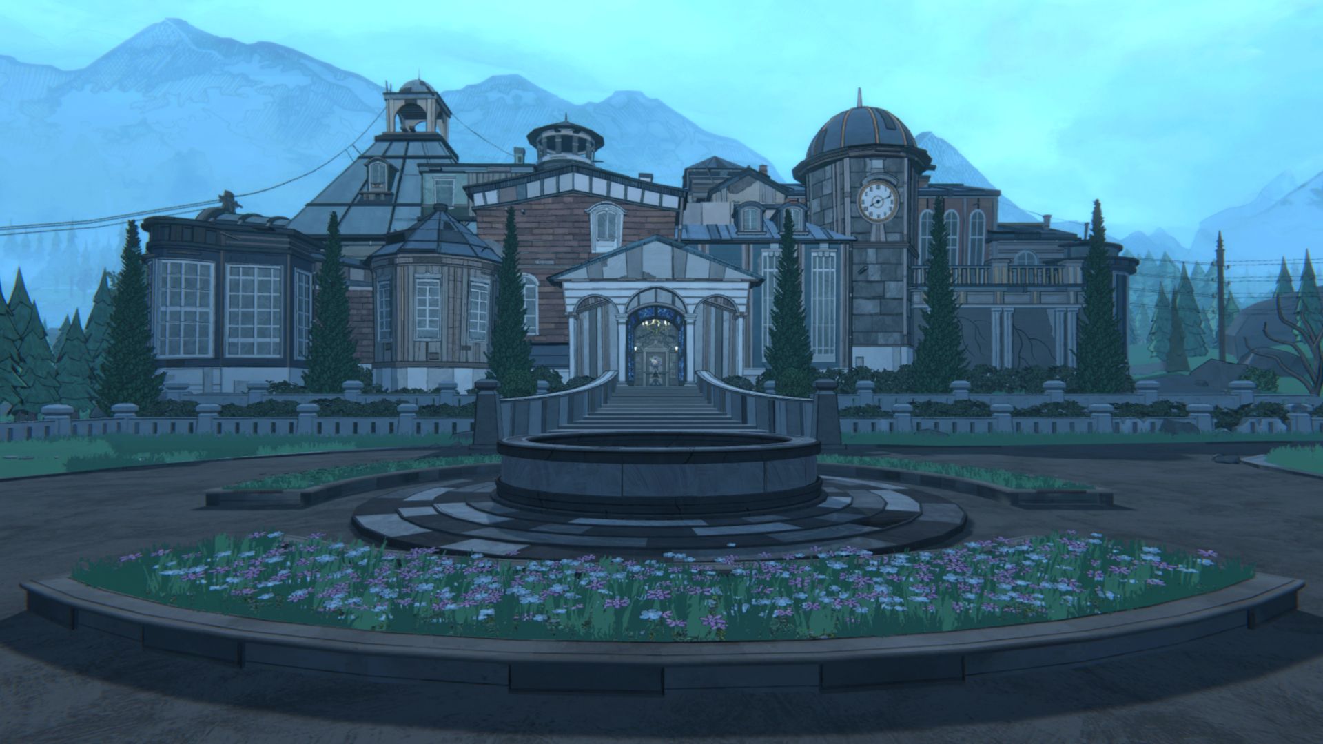 A screen shot of the mansion from Blue Prince.