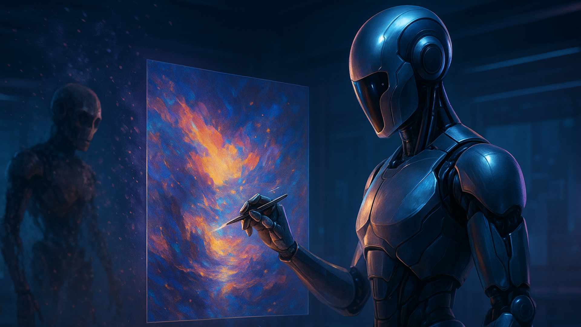 A shiny robot paints a picture while a rusty old robot looks on.
