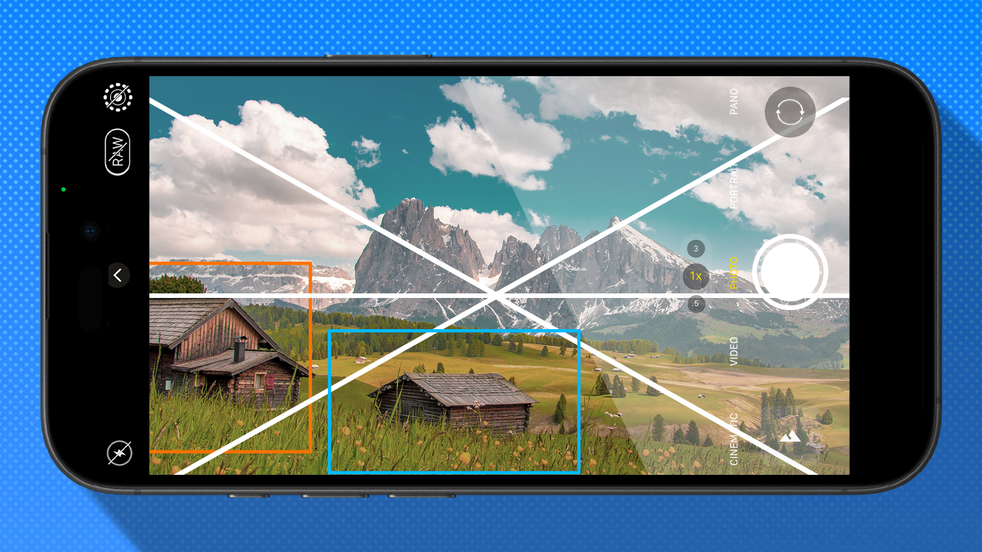 A smartphone capturing a landscape photo with composition guides overlaid on the screen.