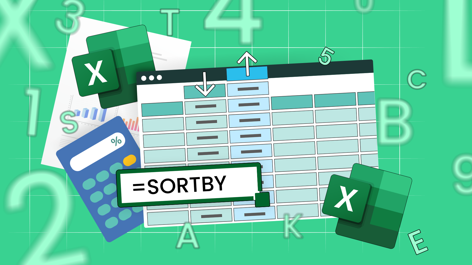 A spreadsheet with two columns being sorted, a calculator, and the Excel logo beside it.