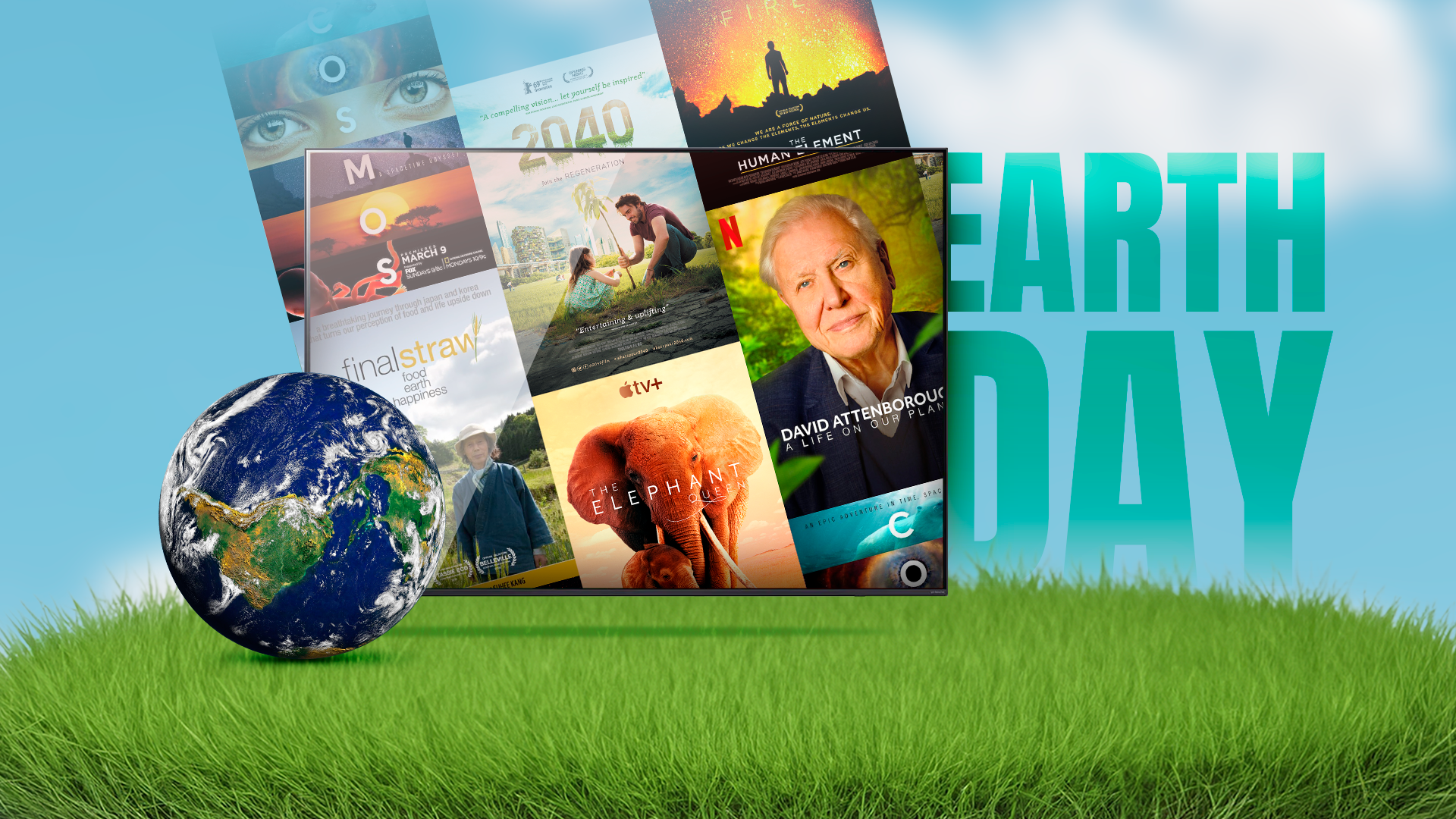 A TV on the grass displaying some documentaries, with a globe next to it.