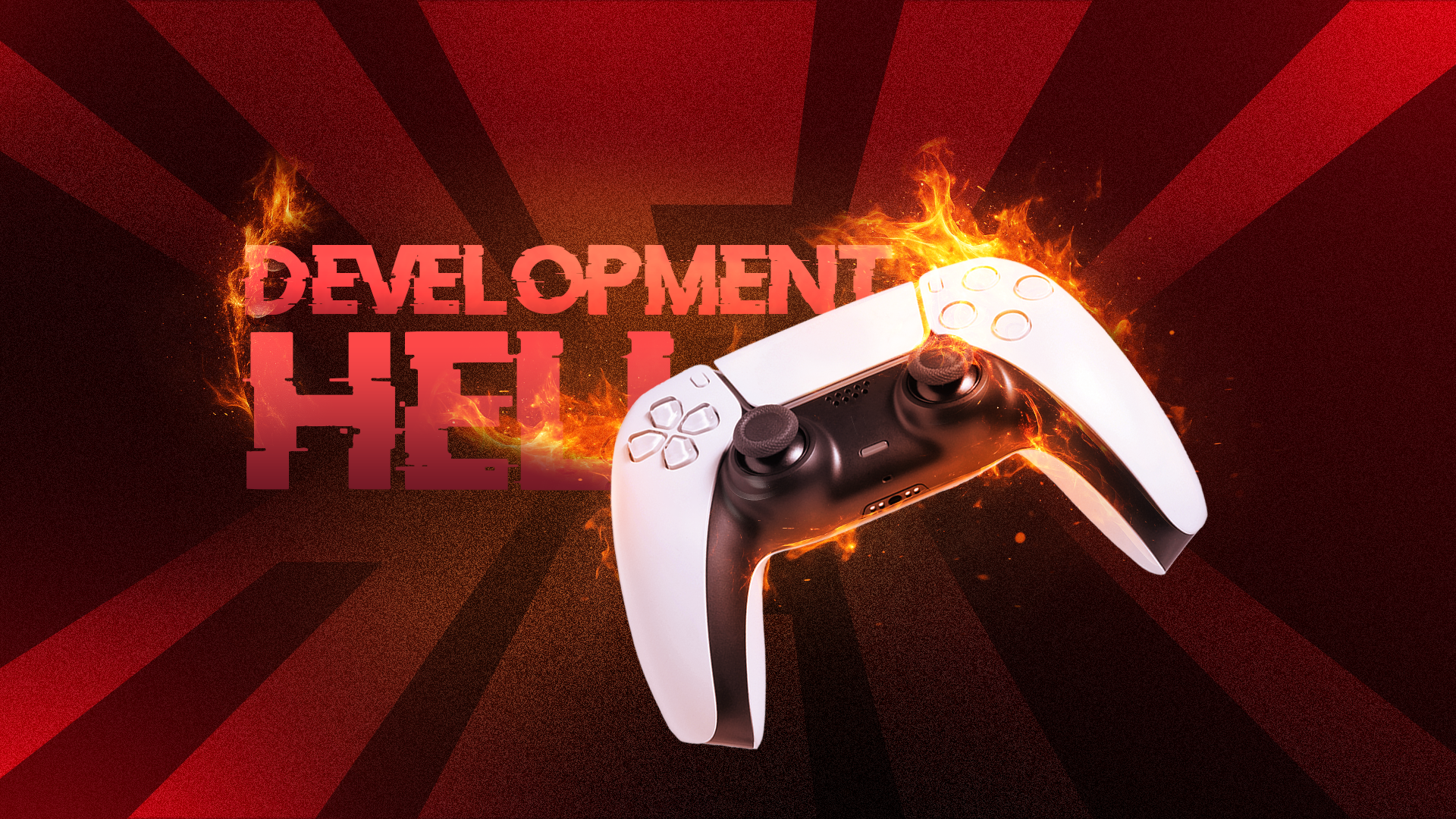 A video game controller on fire with 'development hell' written beside it.