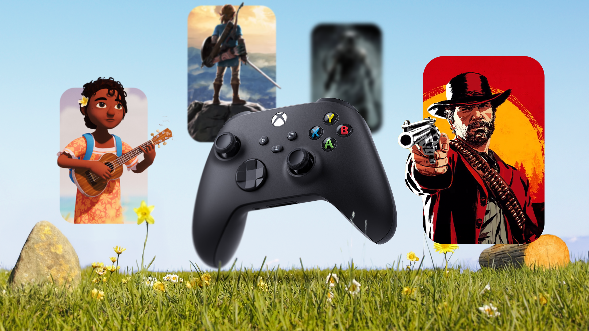 A video game controller on grass with a few games in the background.
