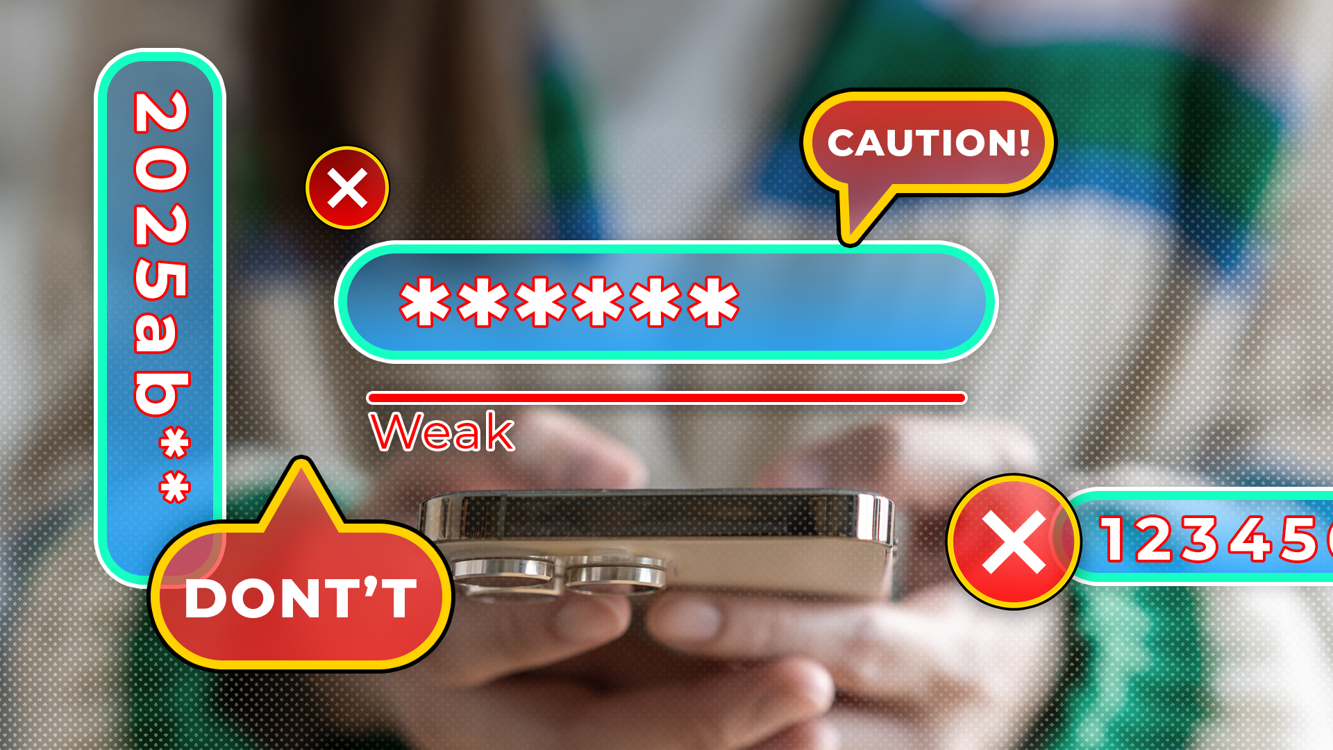 A woman holding a smartphone, with passwords around and alerts indicating the password is weak.