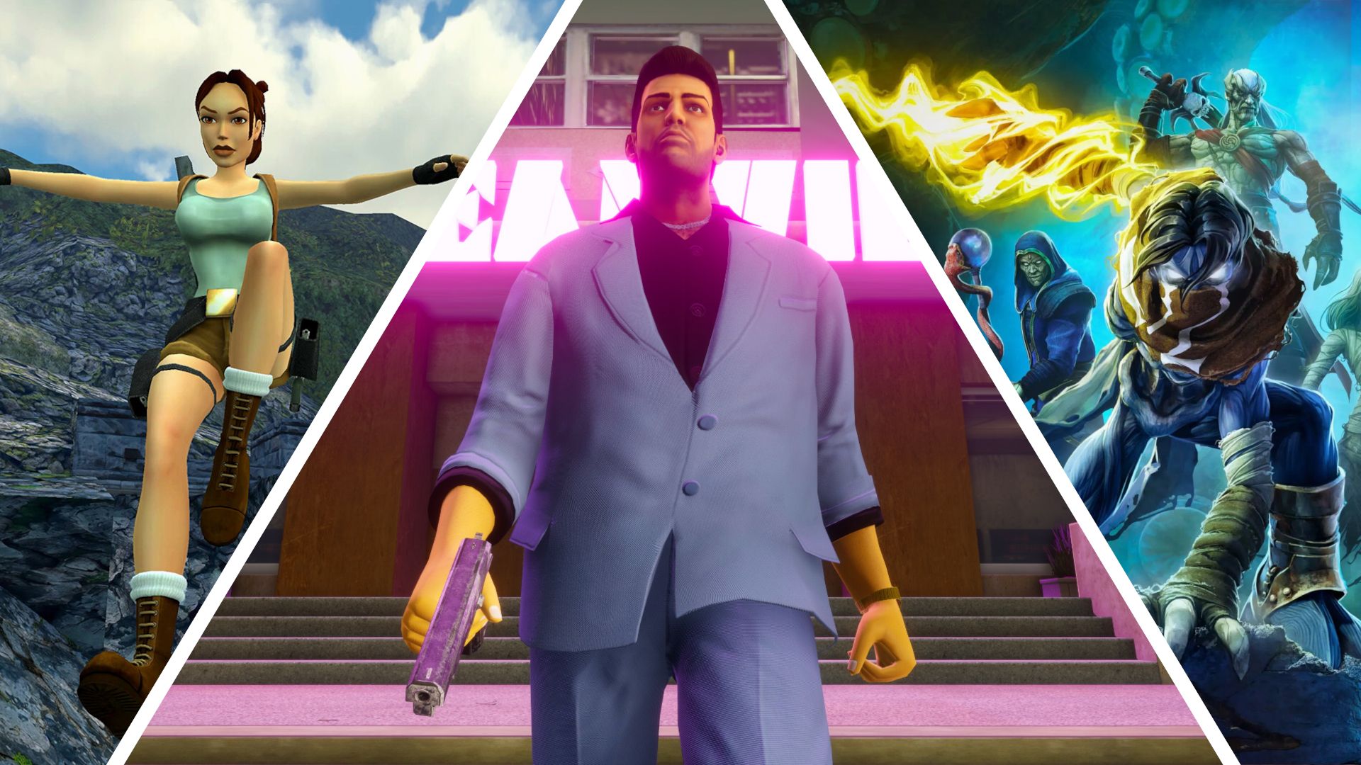 Lara Croft from Tomb Raider, Tommy Vercetti from GTA: Vice City, and Raziel from Legacy of Kain: Soul Reaver.