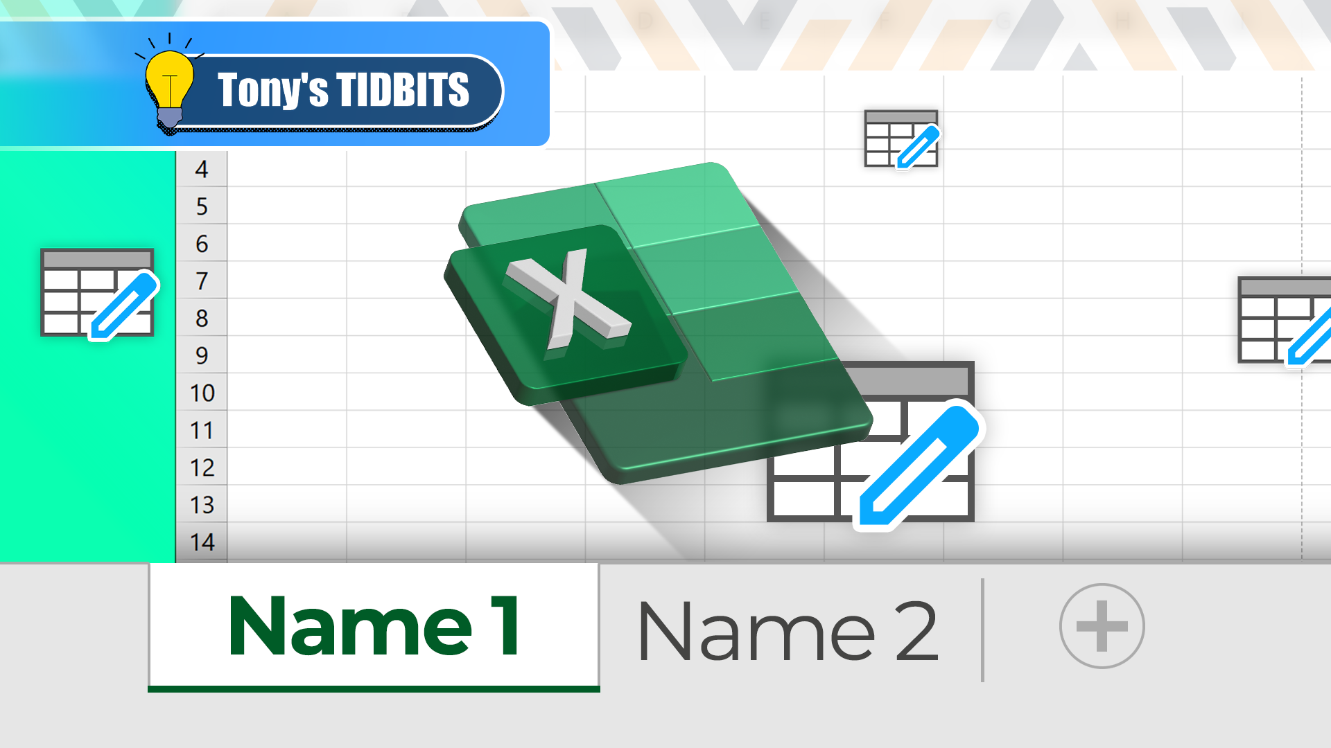 An Excel spreadsheet with the worksheet names highlighted and the Excel logo in the center.