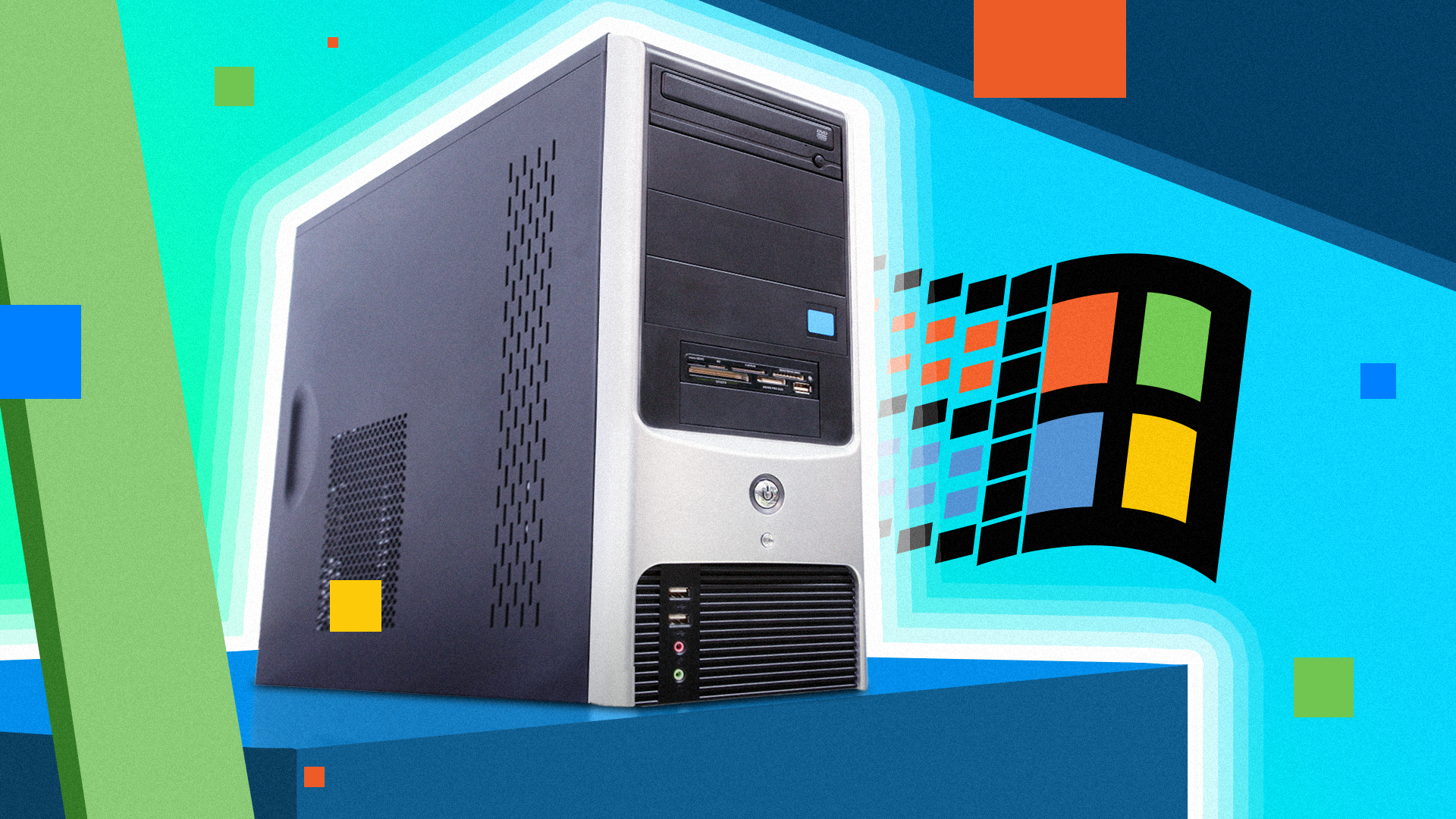 An old PC case with the Windows logo beside it.