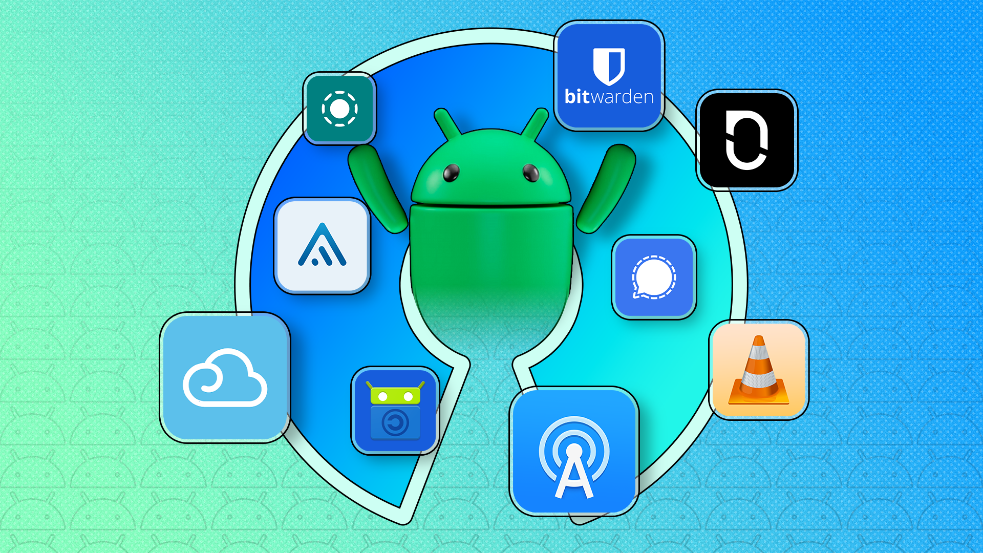Android mascot emerging from the open-source icon, with various app logos around it.