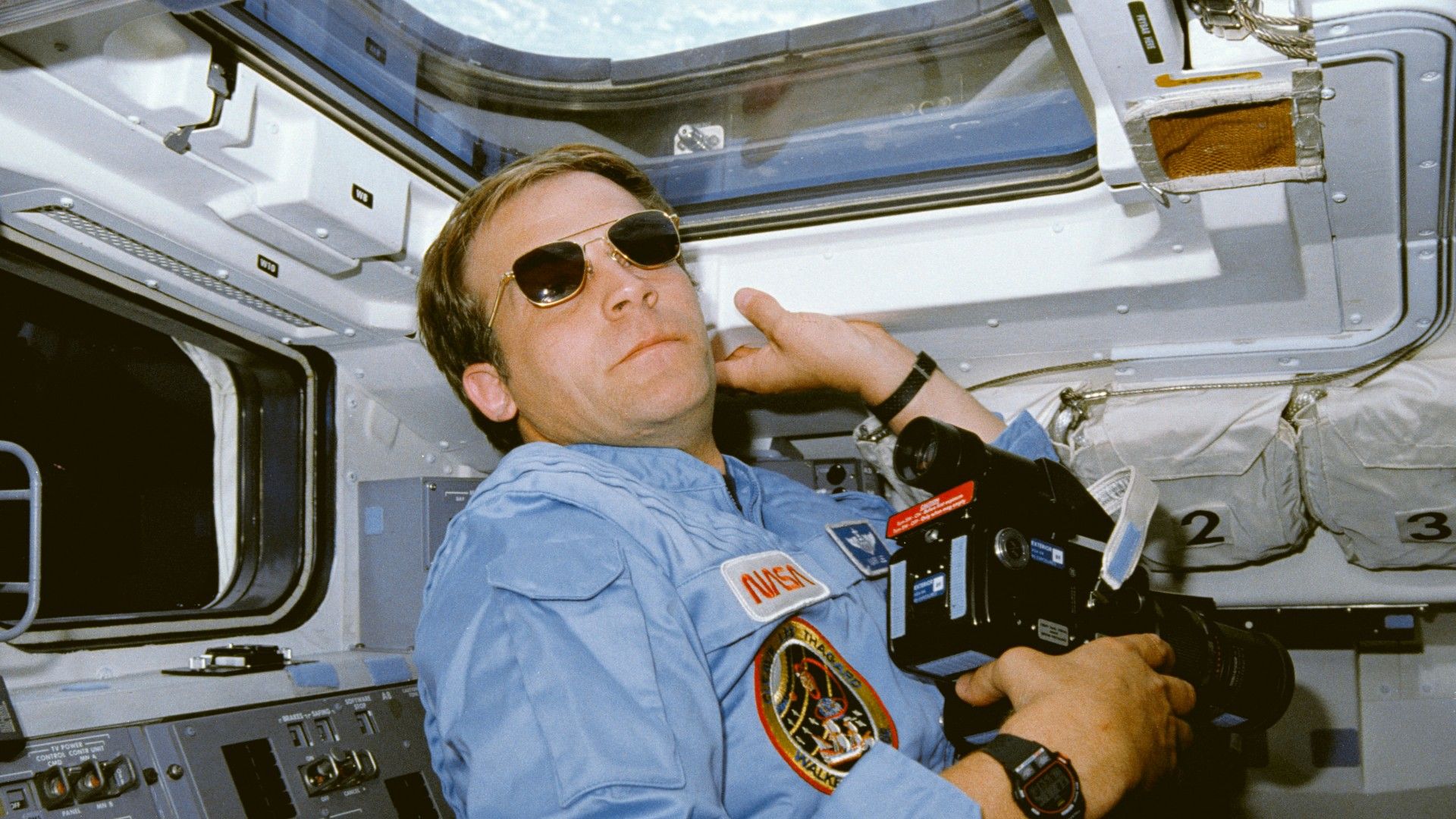 Astronaut Mark C. Lee on Atlantis' aft flight deck