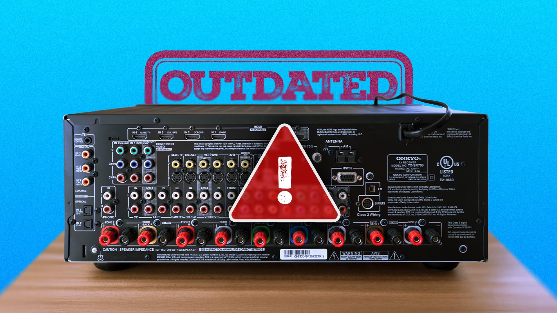 AV receiver ports with an alert icon and 'outdated' written in the background.