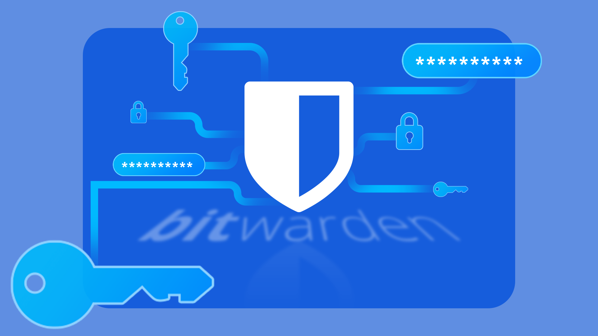 Bitwarden logo connected to passwords, padlocks, and keys.