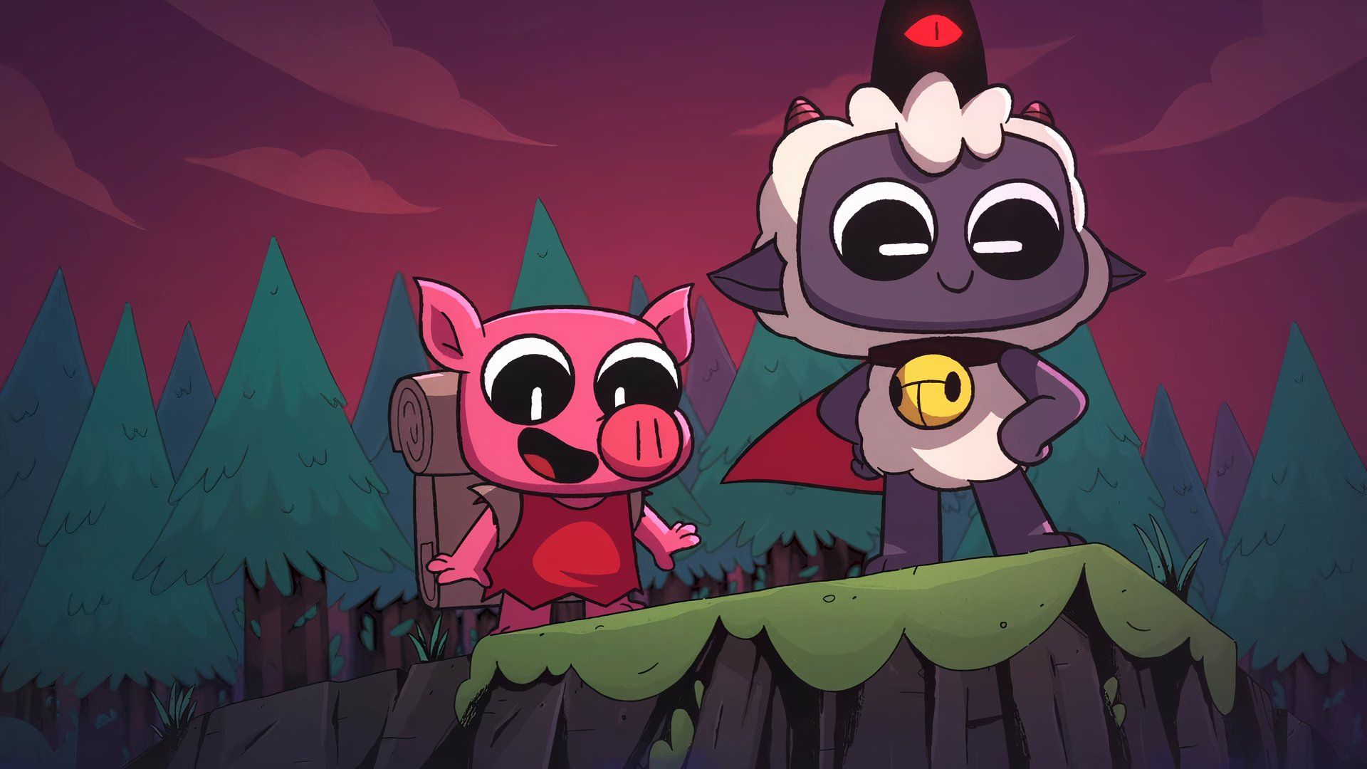 Characters from Cult of the Lamb standing on a hilltop.