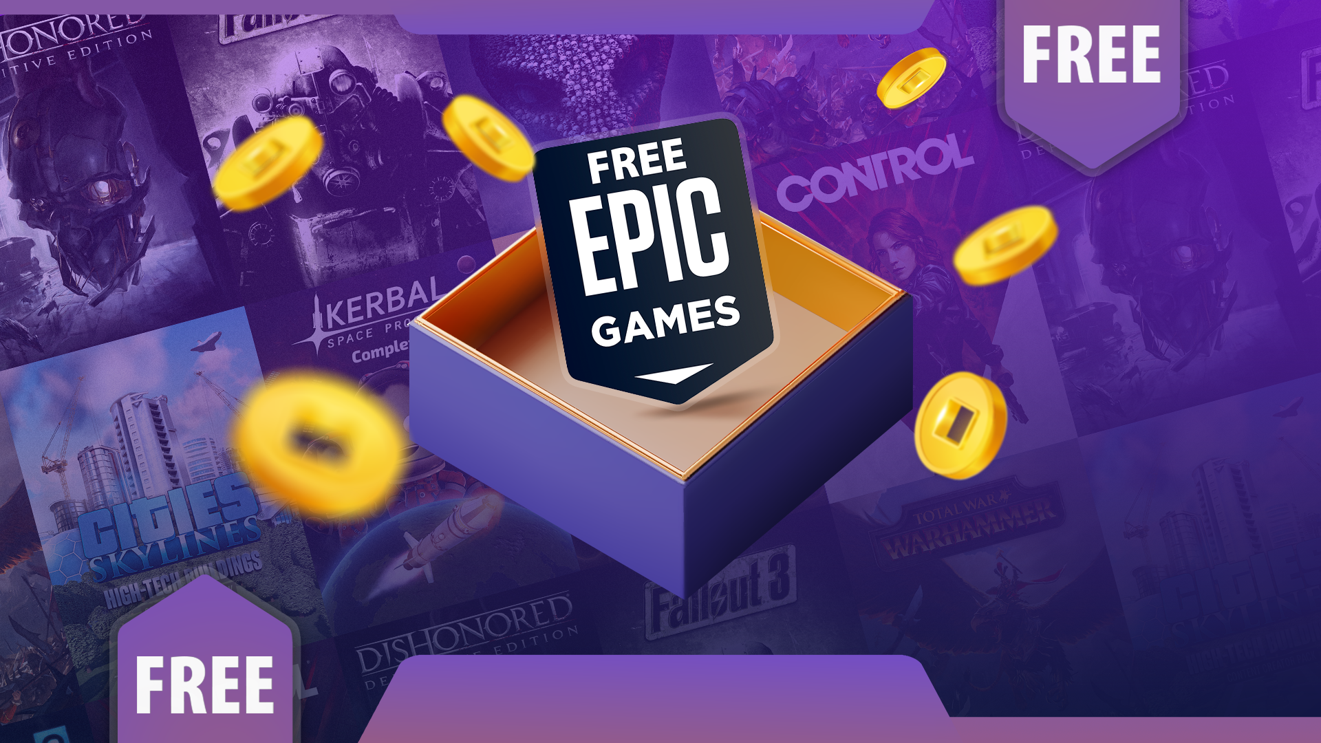 Epic Games logo labeled 'free', some coins around it, and several games in the background.