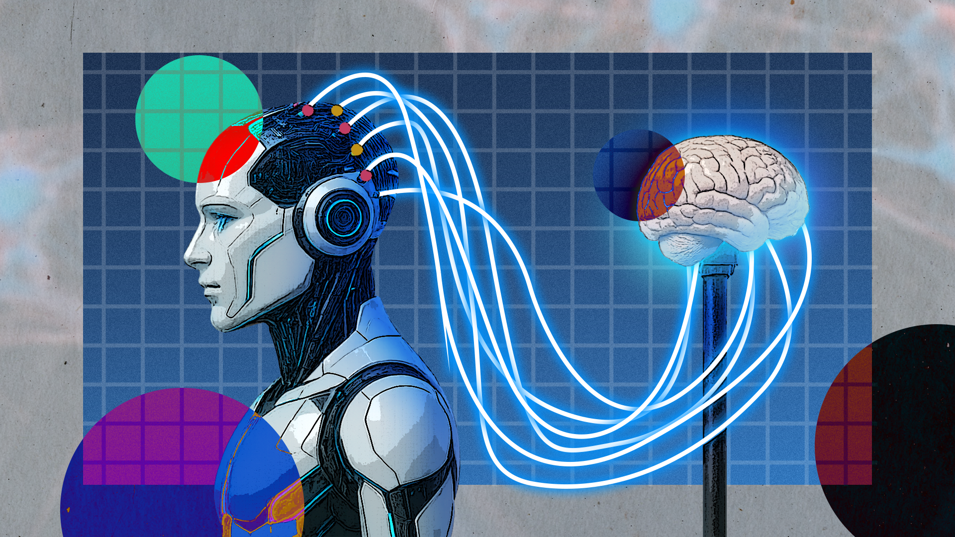 Illustration of an AI robot connected to a brain.
