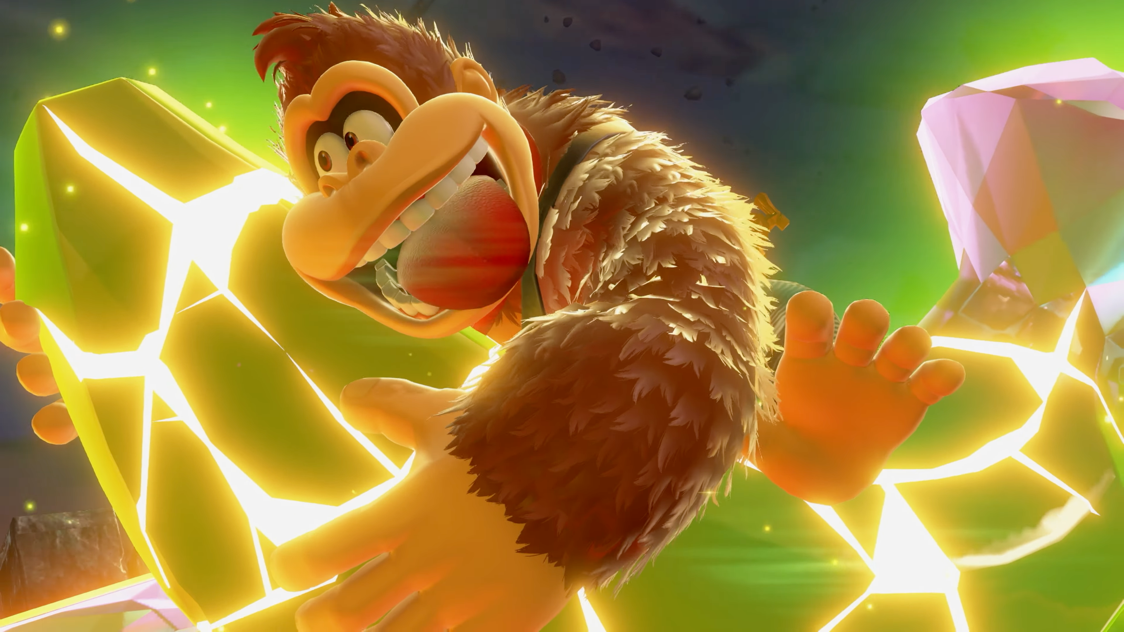 Donkey Kong hugging a huge banana in Donkey Kong Bananza.