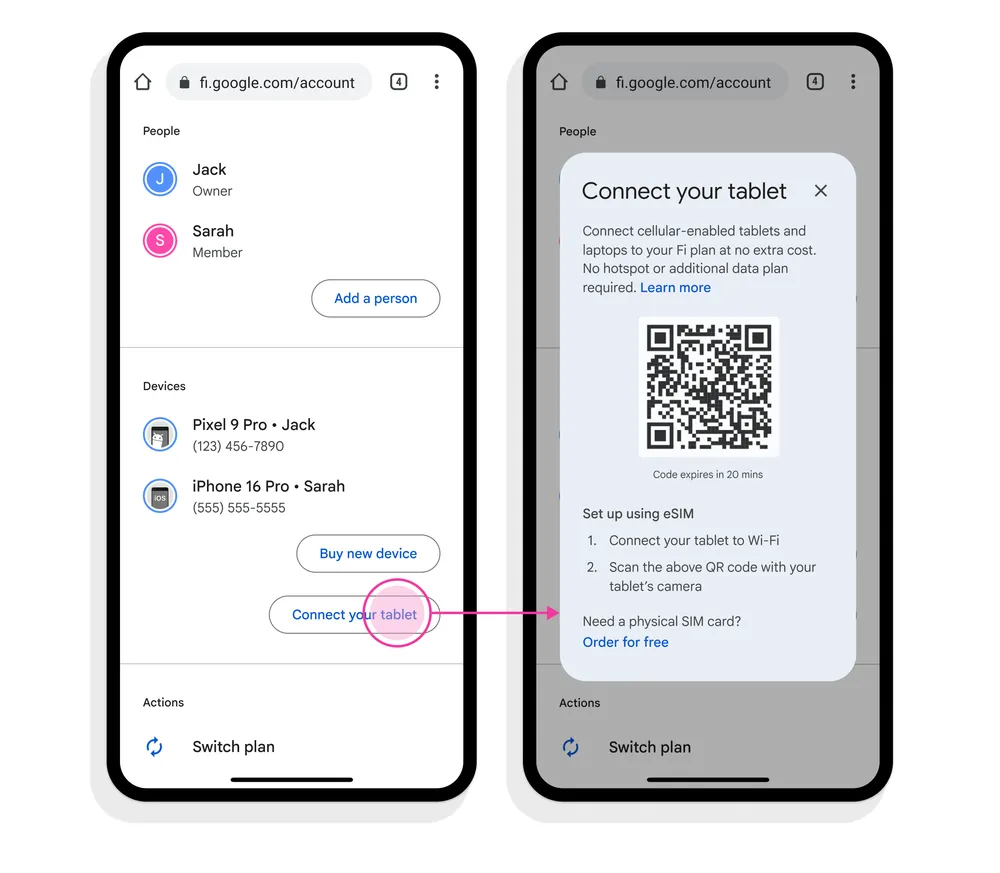 Screenshots of setting up a tablet in Google Fi with QR codes.