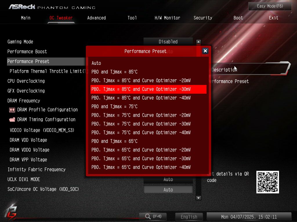 Performance presets in ASRock B650M PG Riptide BIOS menu.