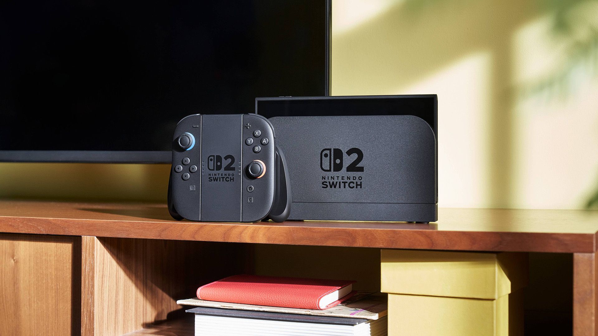 Nintendo Switch 2 with Joy Cons docked in TV